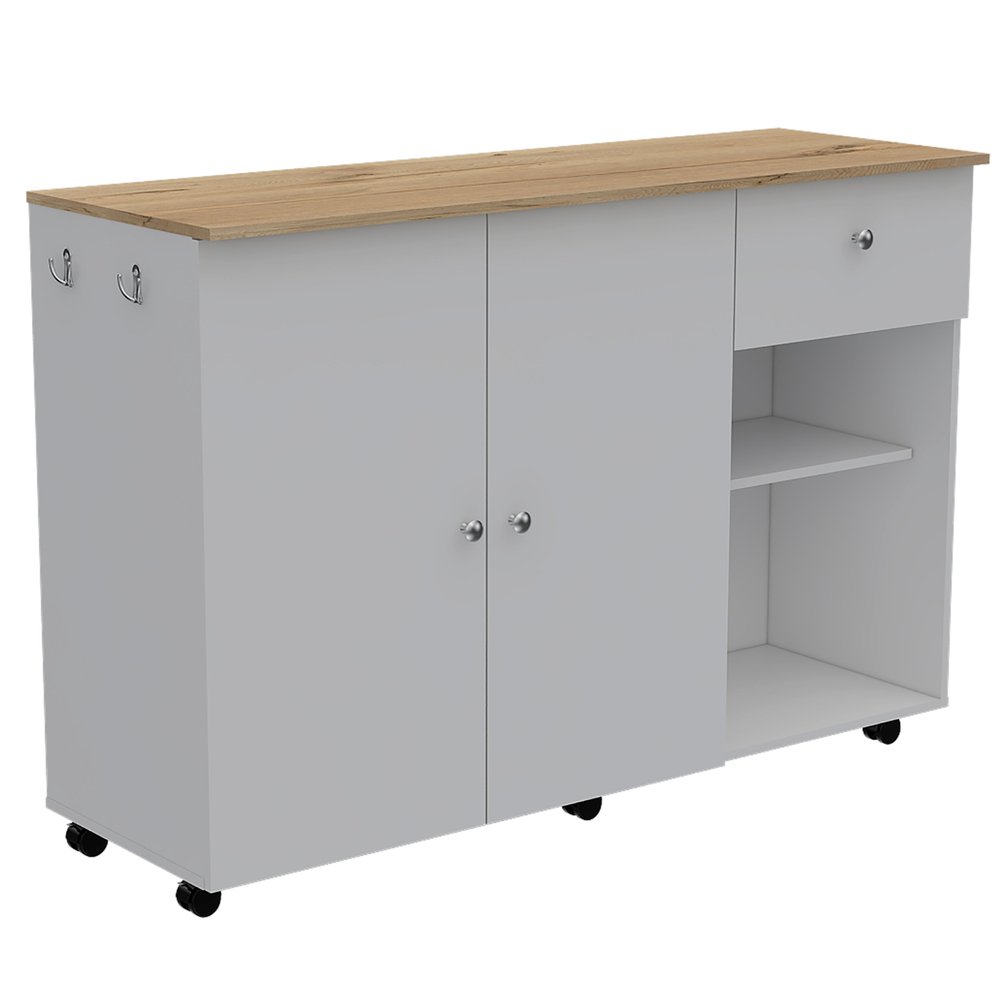 54" Oak and White Wood Flat Door Rolling Kitchen Island Set With Storage