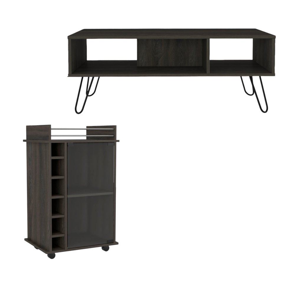Set of Two Espresso and Black Wood and Metal Furniture Set