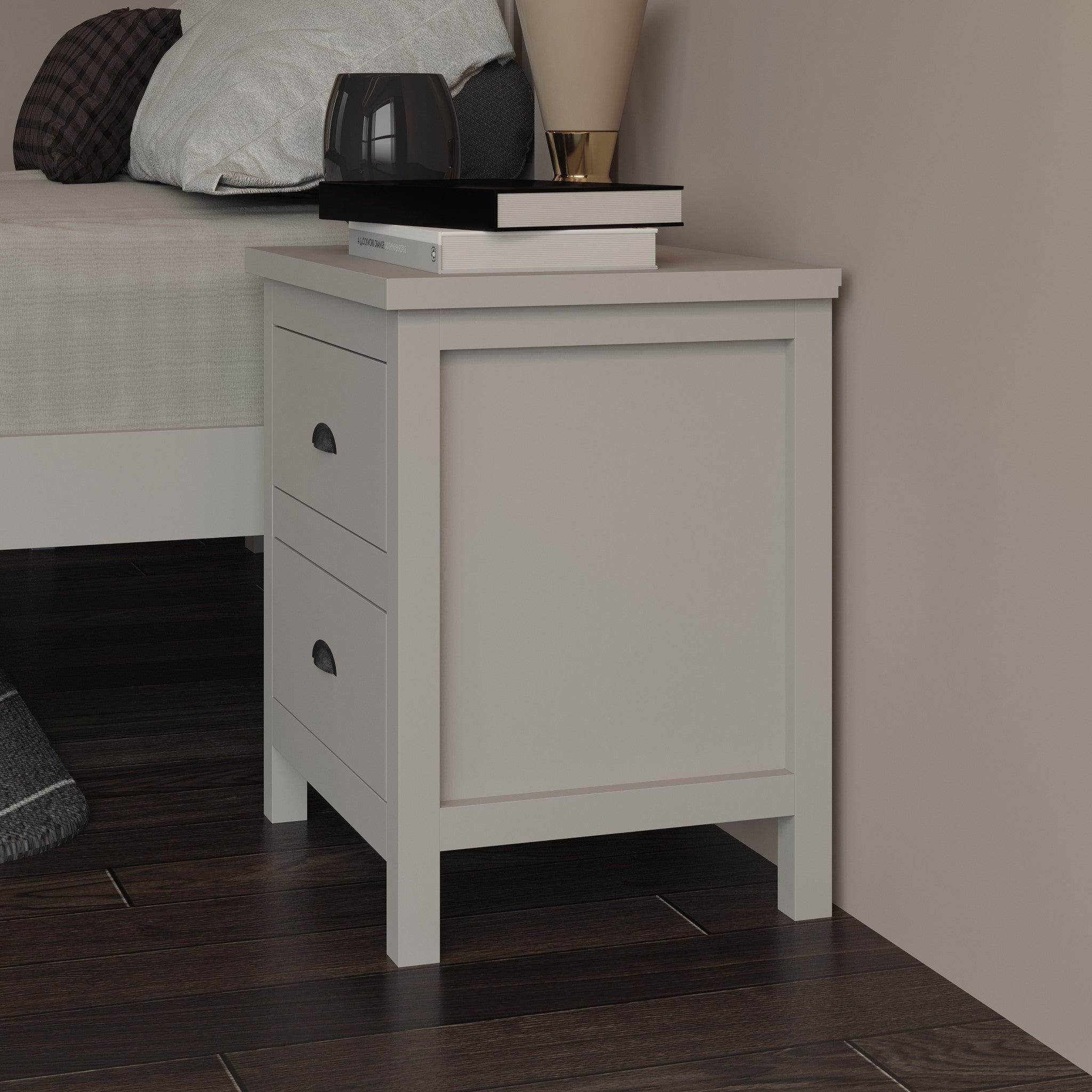 16" Gray Two Drawer Solid Wood Nightstand