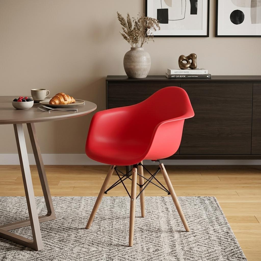 Red And Natural Heavy Duty Plastic And Solid Wood Dining Arm Chair
