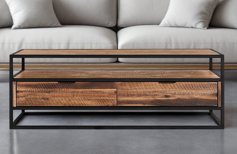 50" Brown And Black Solid Wood And Metal Coffee Table With Two Drawers And Shelf