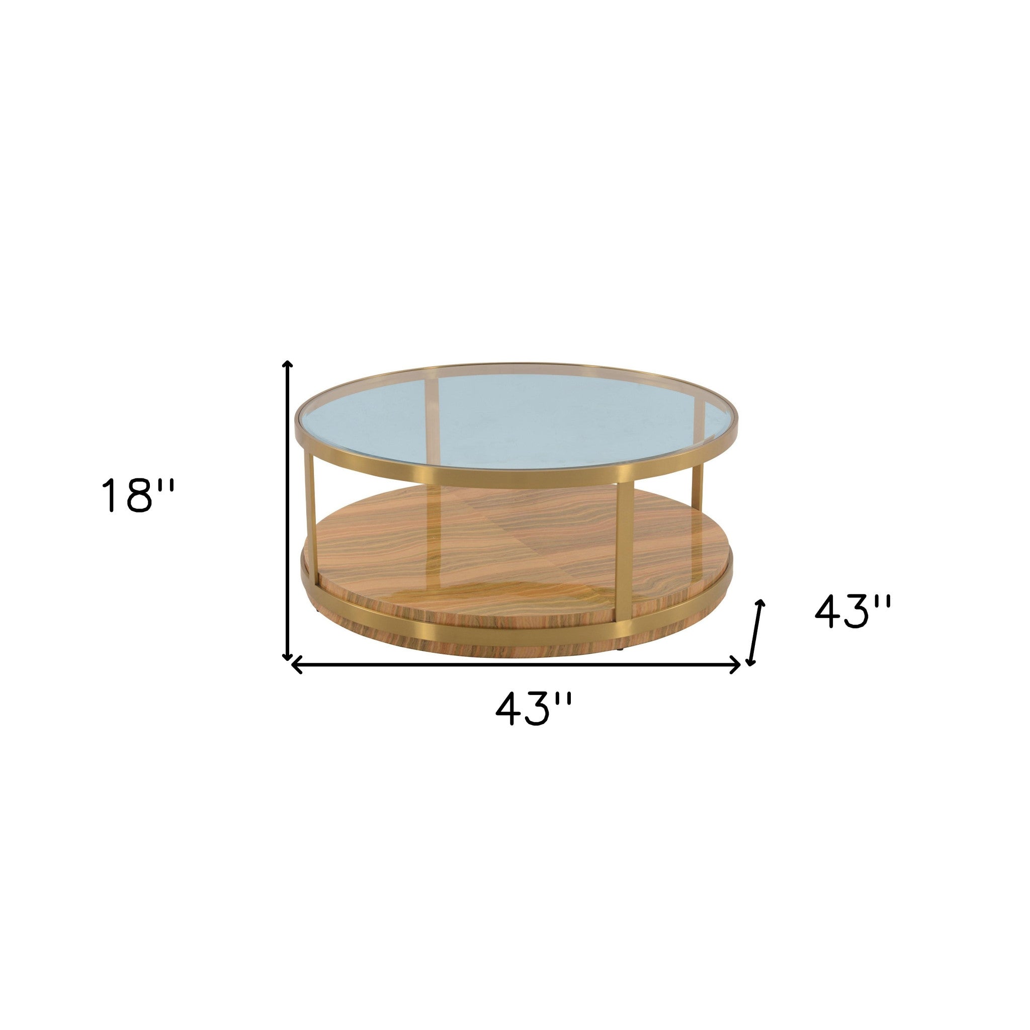 43" Clear And Natural Glass And Metal Round Coffee Table With Shelf