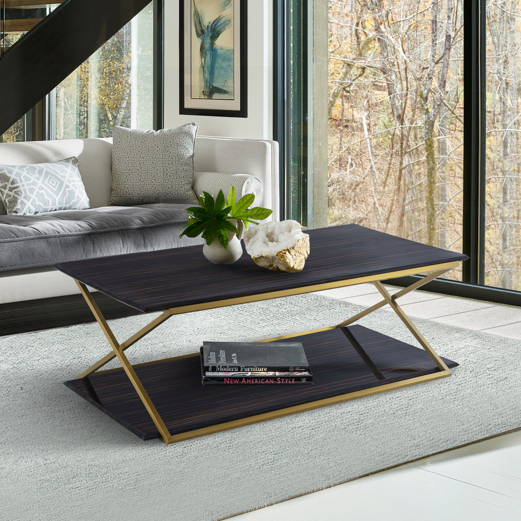 51" Dark Brown And Gold Metal Coffee Table With Shelf