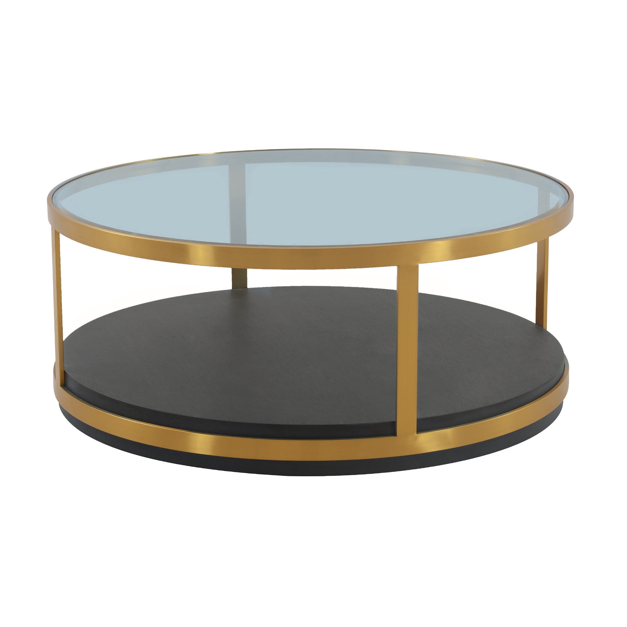 43" Clear And Black Gold Glass And Solid Wood and Metal Round Coffee Table With Shelf