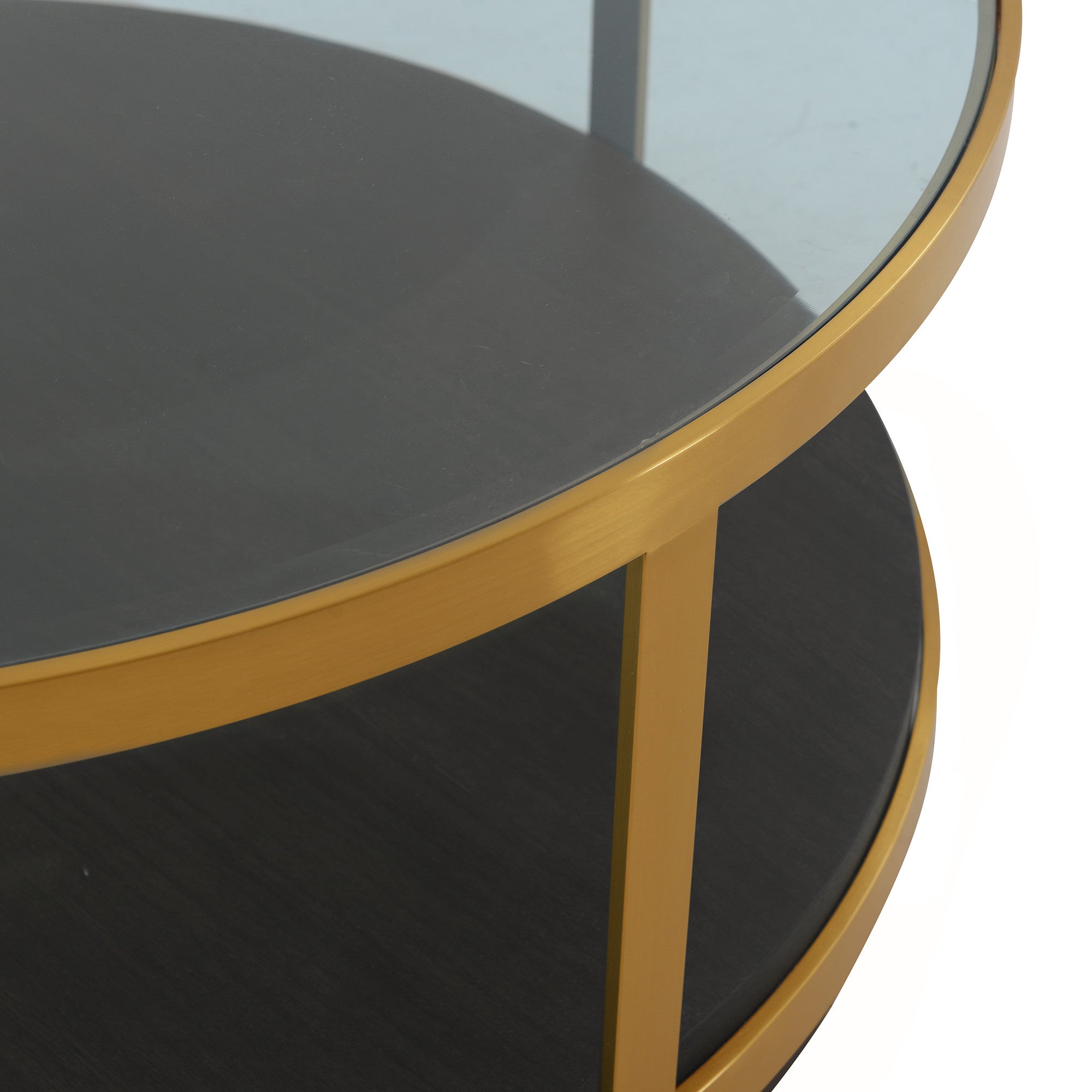 43" Clear And Black Gold Glass And Solid Wood and Metal Round Coffee Table With Shelf