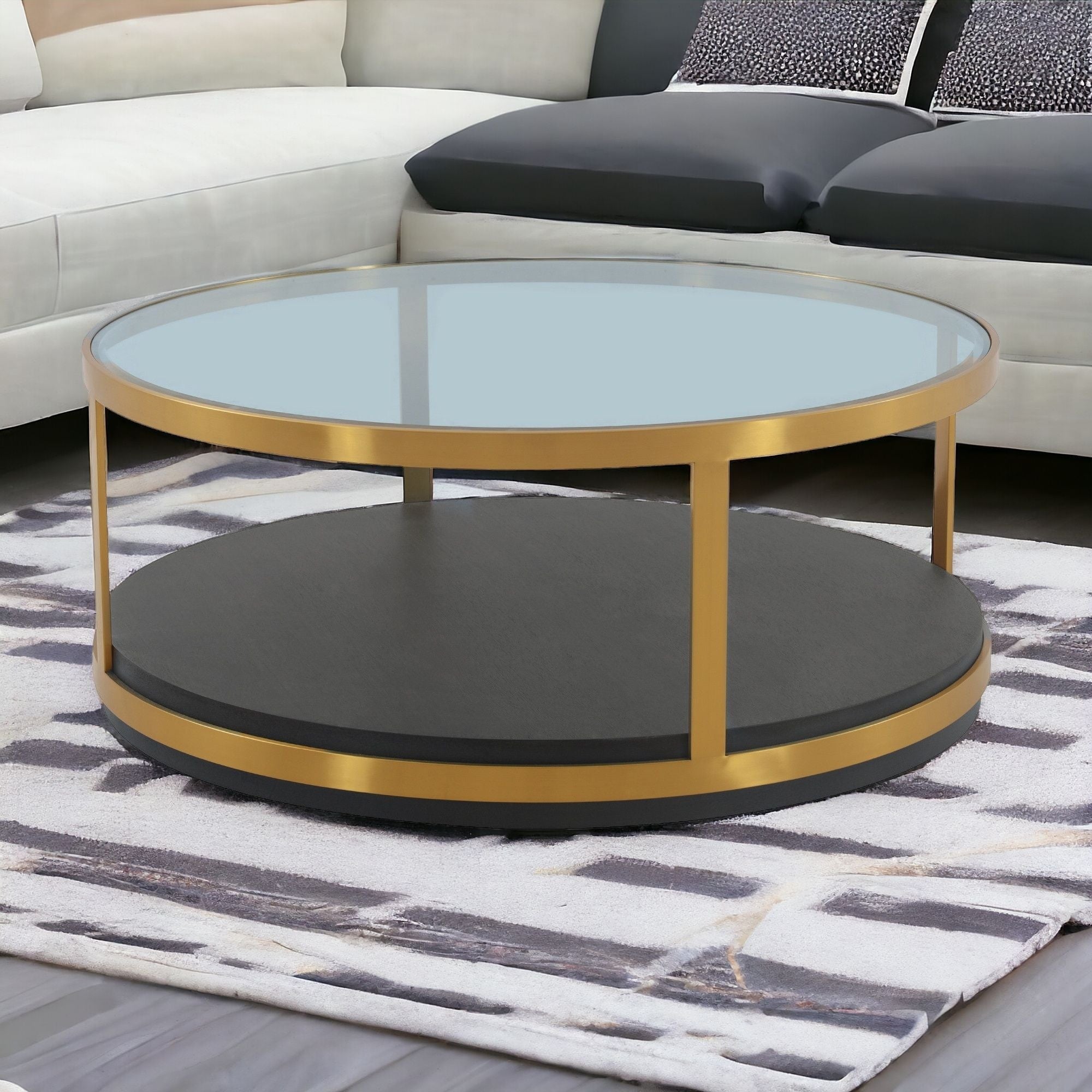 43" Clear And Black Gold Glass And Solid Wood and Metal Round Coffee Table With Shelf