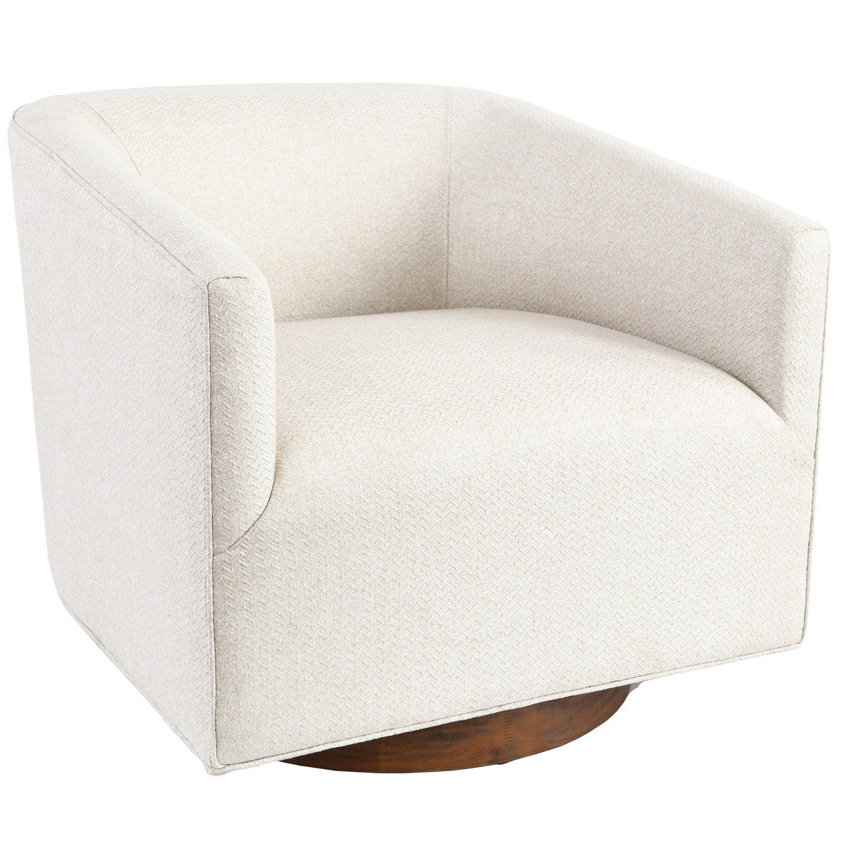 30" Beige and Wood Brown Polyester Chevron Swivel Barrel Chair