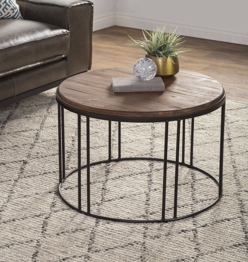 28" Brown And Black Solid Wood Round Distressed Coffee Table