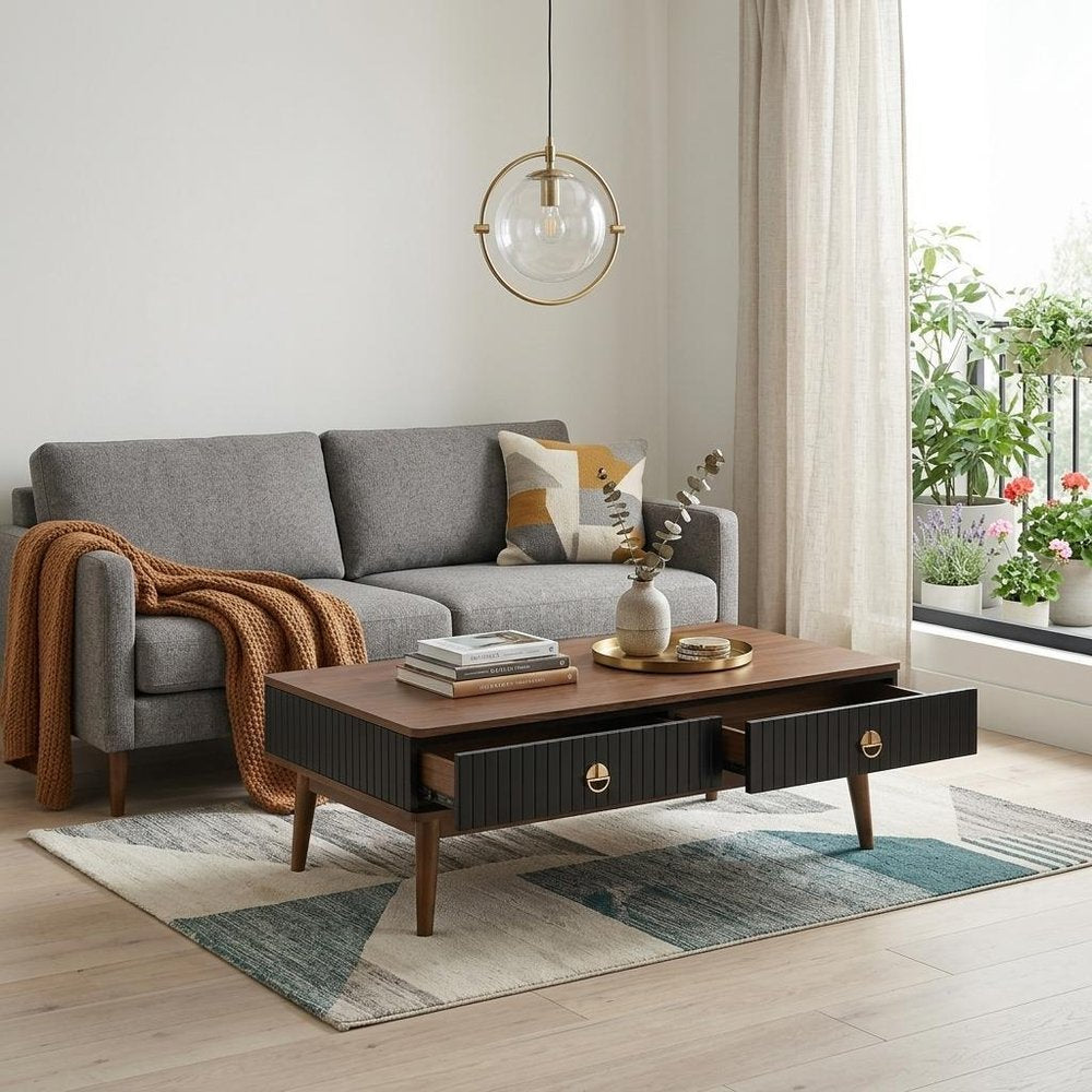47" Brown And Black Coffee Table With Two Drawers