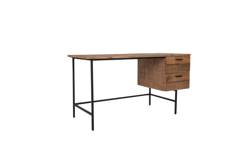 55" Brown and Black Solid Wood Writing Desk with Two Drawers