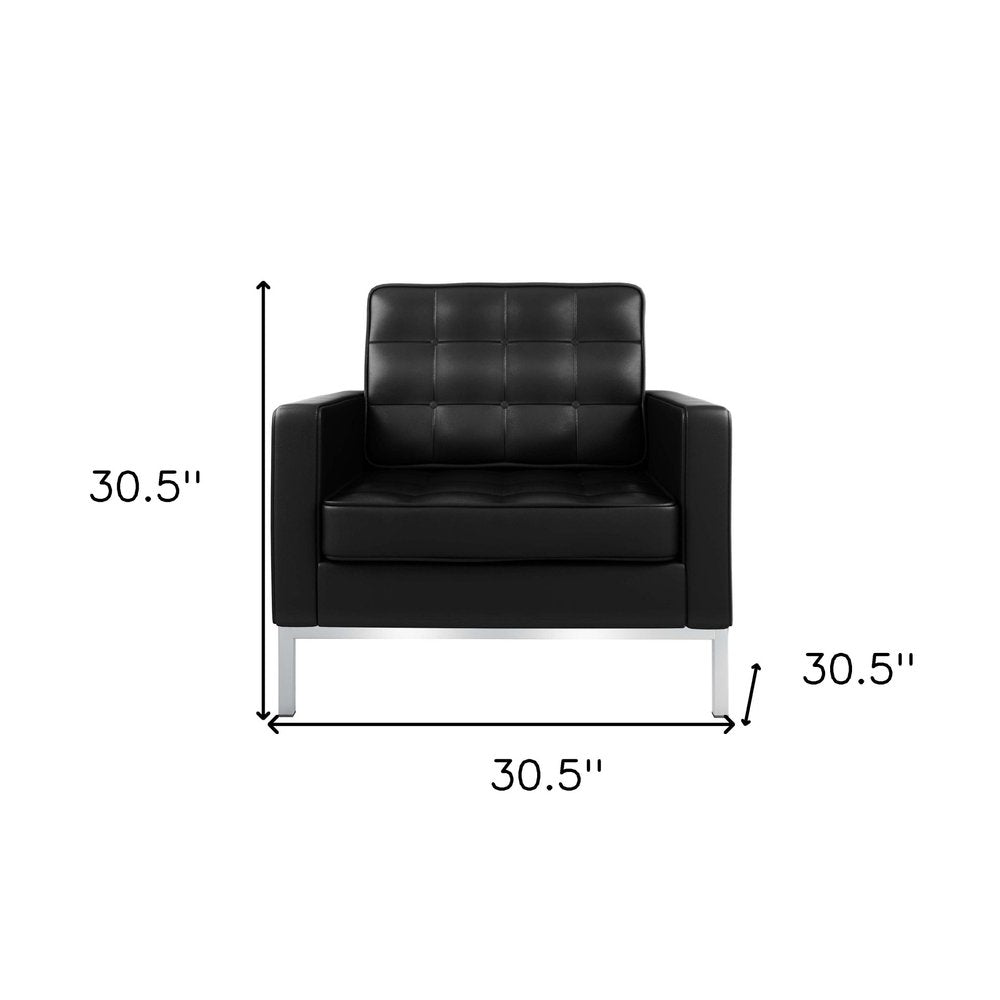 31" Black and Silver Italian Leather Tufted Club Chair