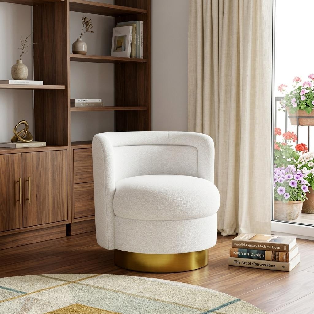 28" White and Gold Boucle Swivel Barrel Chair