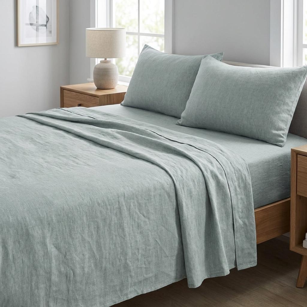 Four Piece Blue Linen King Sheet Set