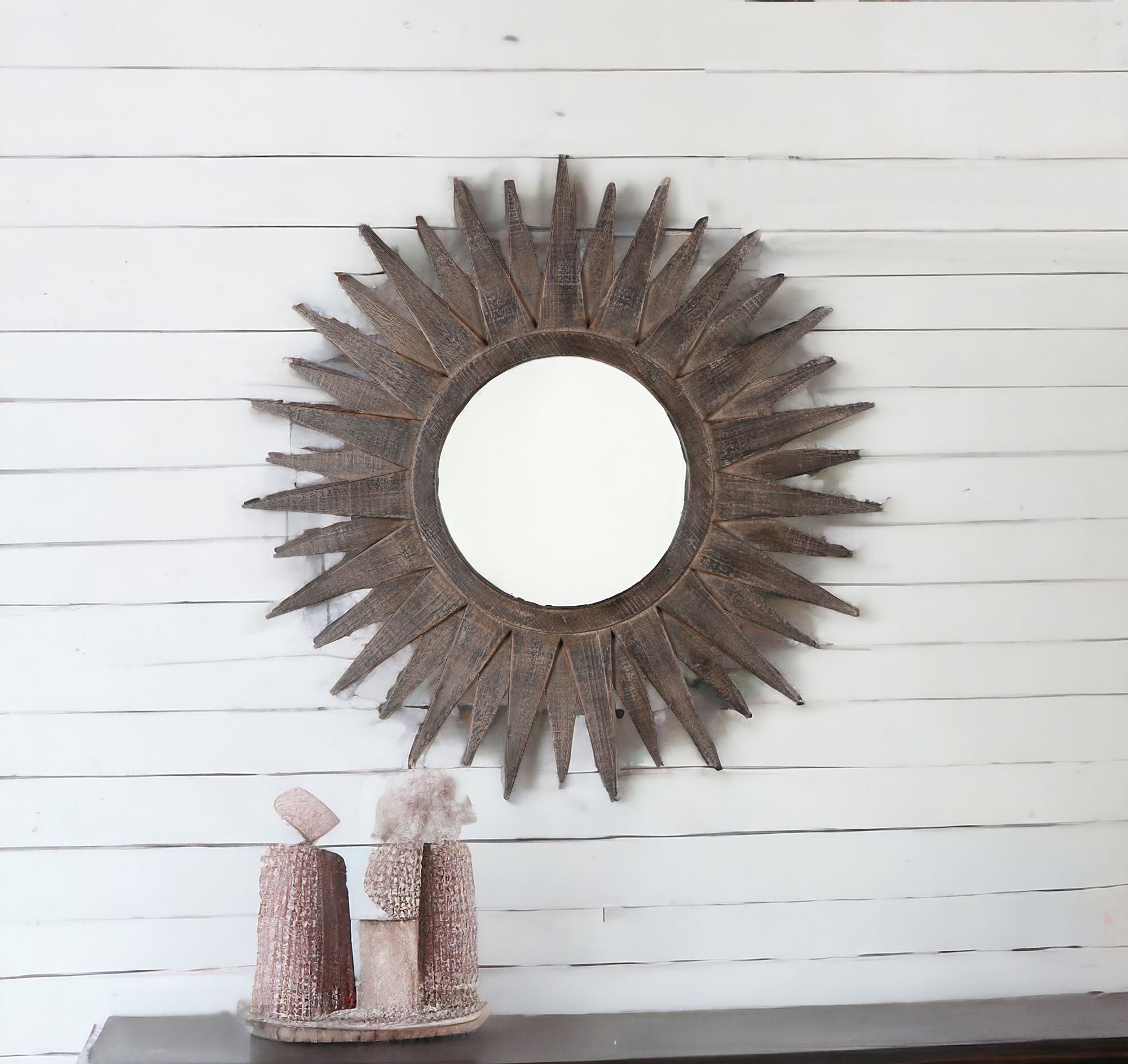 30" Brown Sunburst Wood Framed Accent Mirror