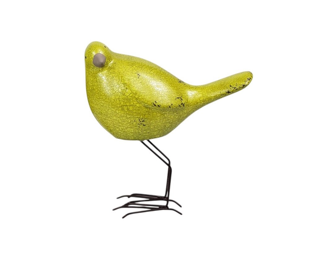 Set of Three Lemongrass Green Polyresin and Metal Bird Sculptures