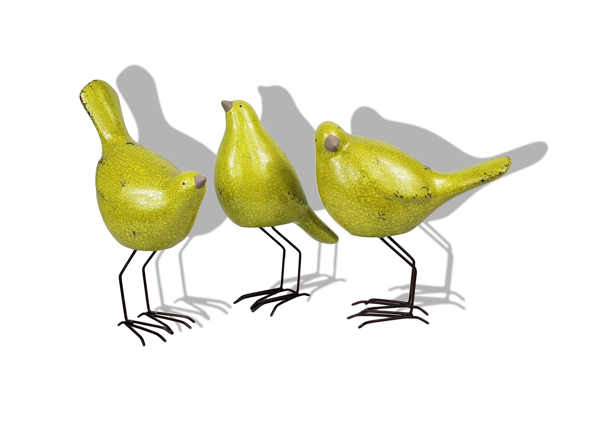 Set of Three Lemongrass Green Polyresin and Metal Bird Sculptures