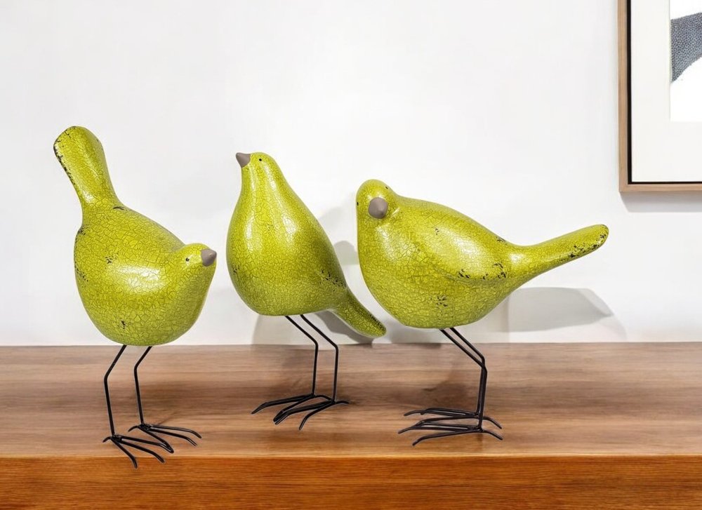 Set of Three Lemongrass Green Polyresin and Metal Bird Sculptures
