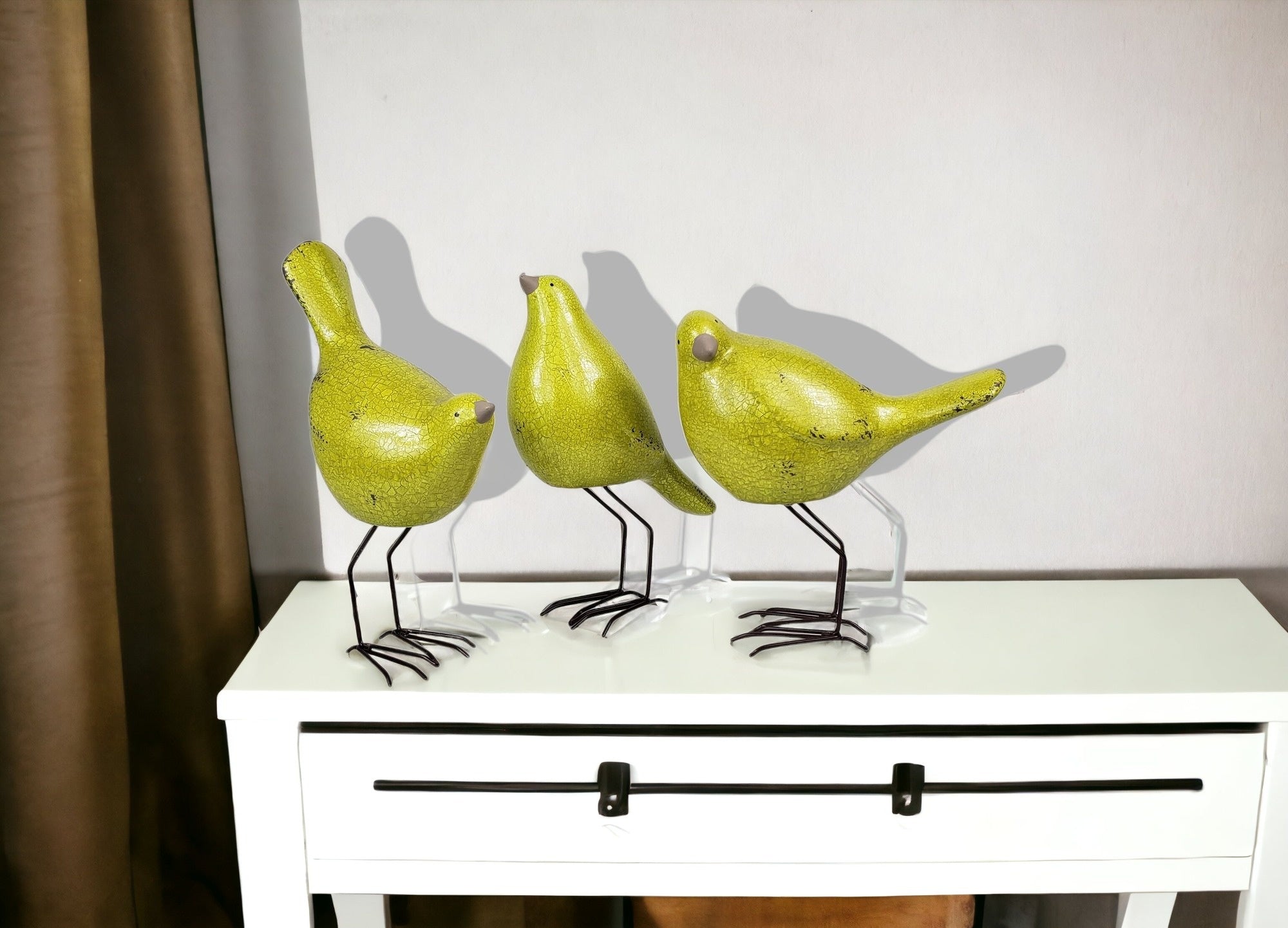 Set of Three Lemongrass Green Polyresin and Metal Bird Sculptures