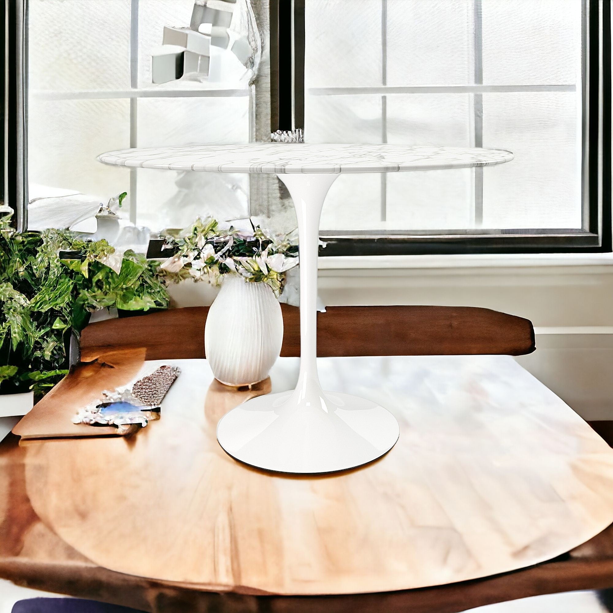 40" White Marble And Metal Dining Table