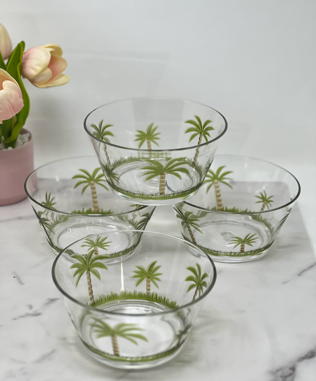 Clear and Green Four Piece Palm Tree Acrylic Service For Four Bowl Set