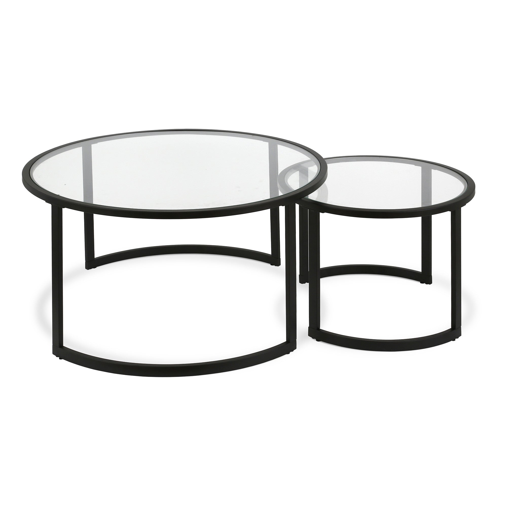 Set of Two Black Glass And Steel Round Sled Nested Coffee Tables