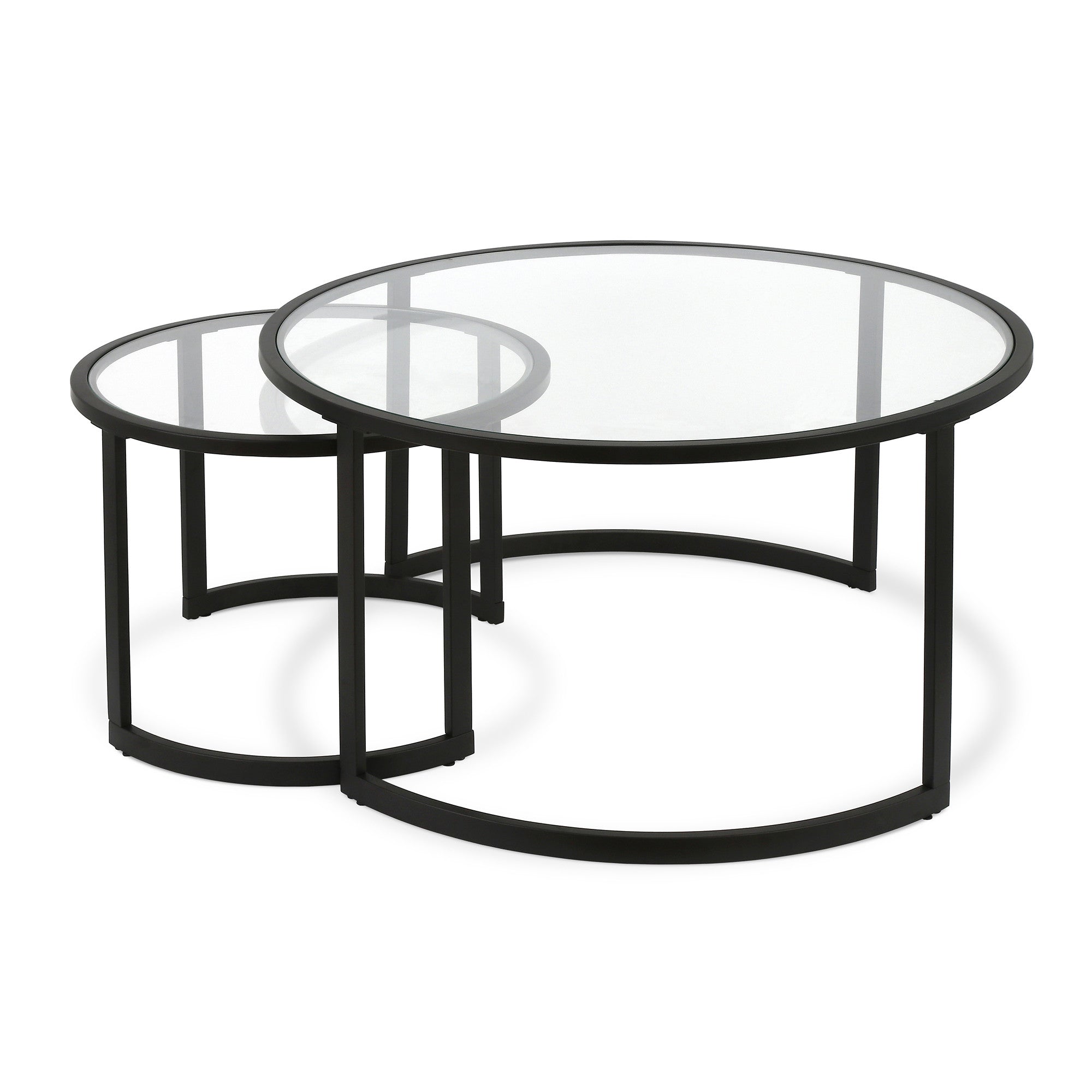 Set of Two Black Glass And Steel Round Sled Nested Coffee Tables