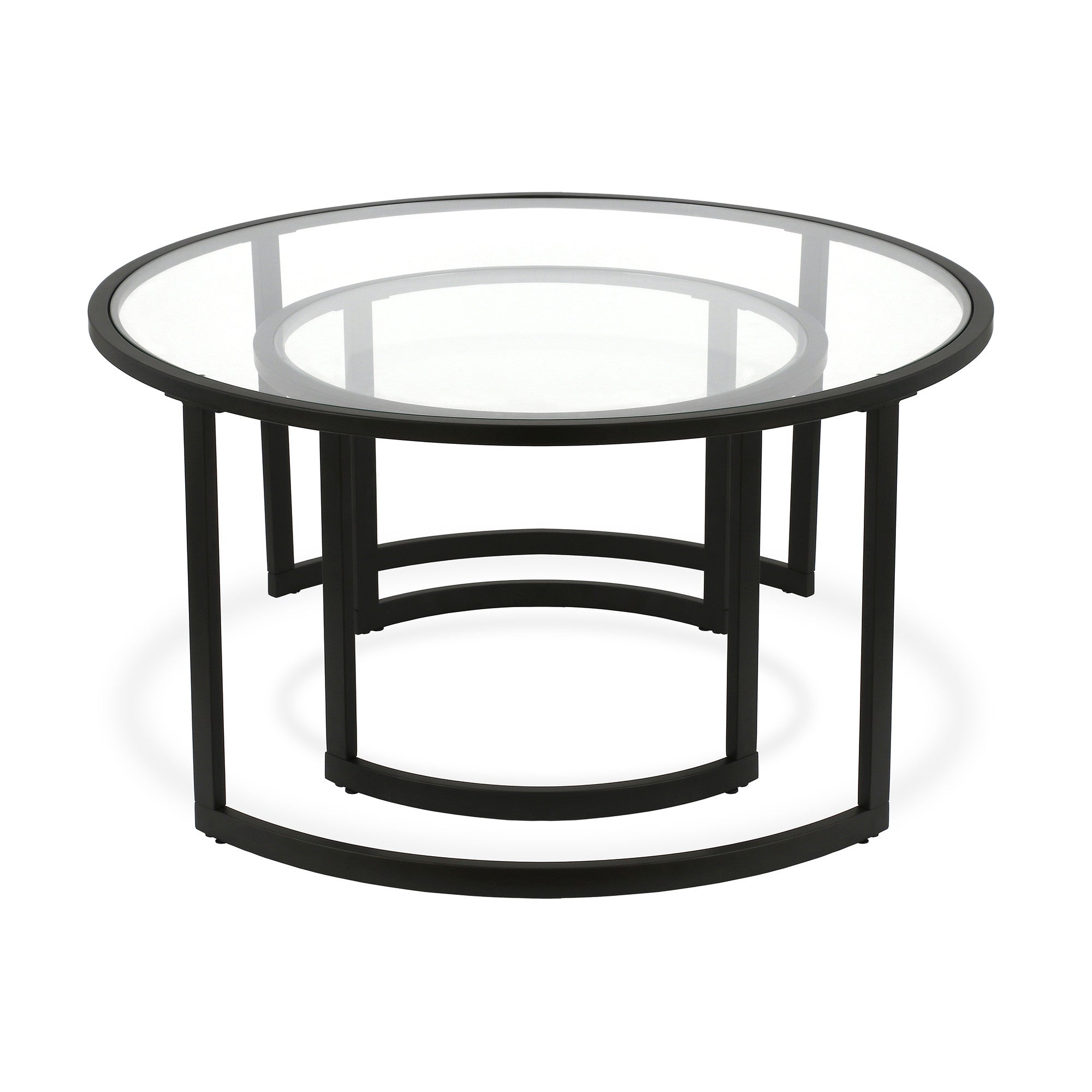 Set of Two Black Glass And Steel Round Sled Nested Coffee Tables