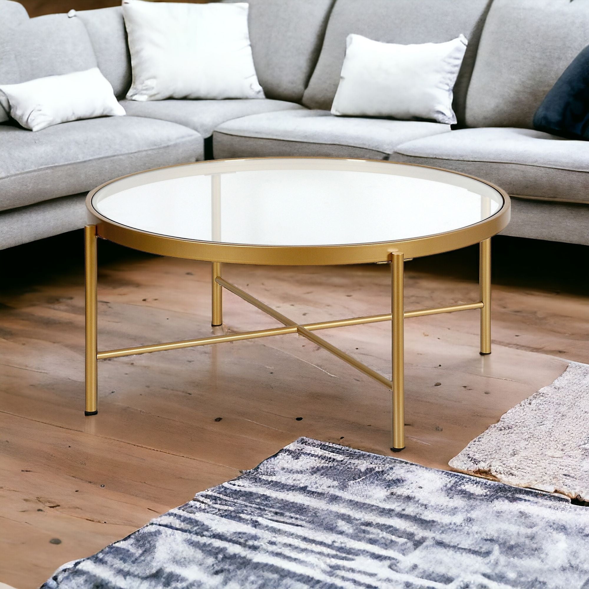 36" Gold Glass And Steel Round Coffee Table