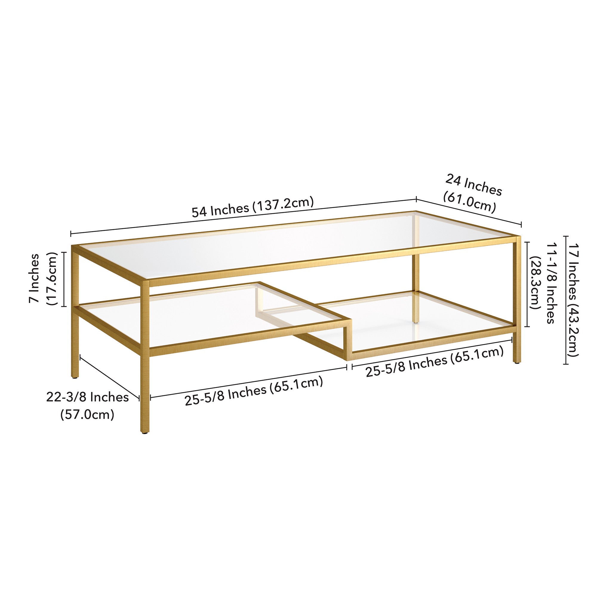 54" Gold Glass And Steel Coffee Table With Two Shelves