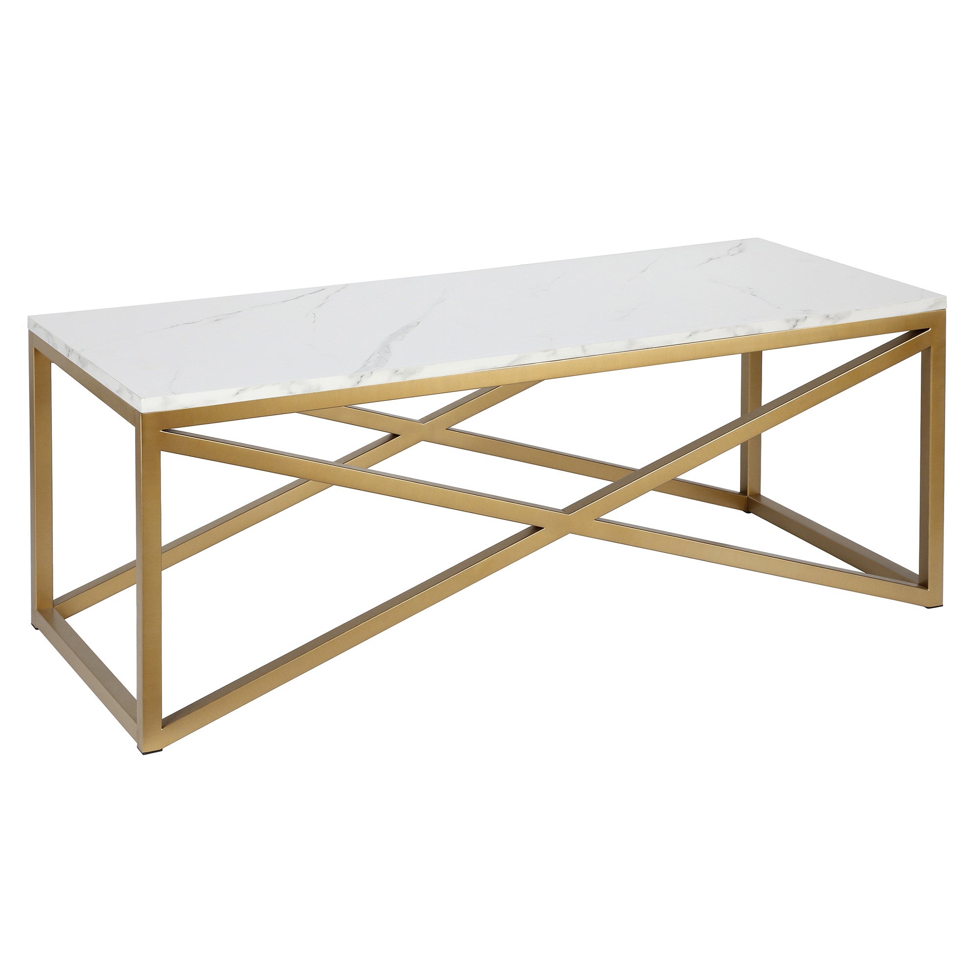 46" Gold Faux Marble And Steel Sled Coffee Table