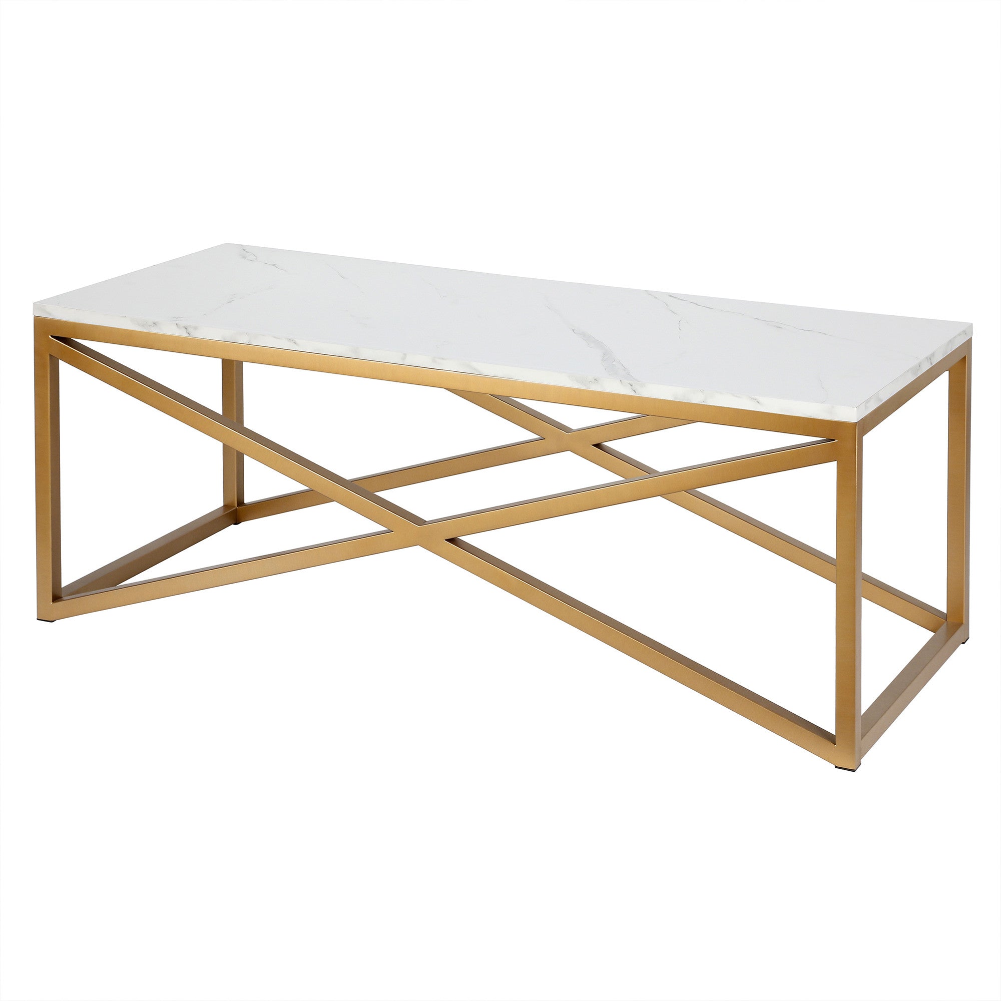 46" Gold Faux Marble And Steel Sled Coffee Table