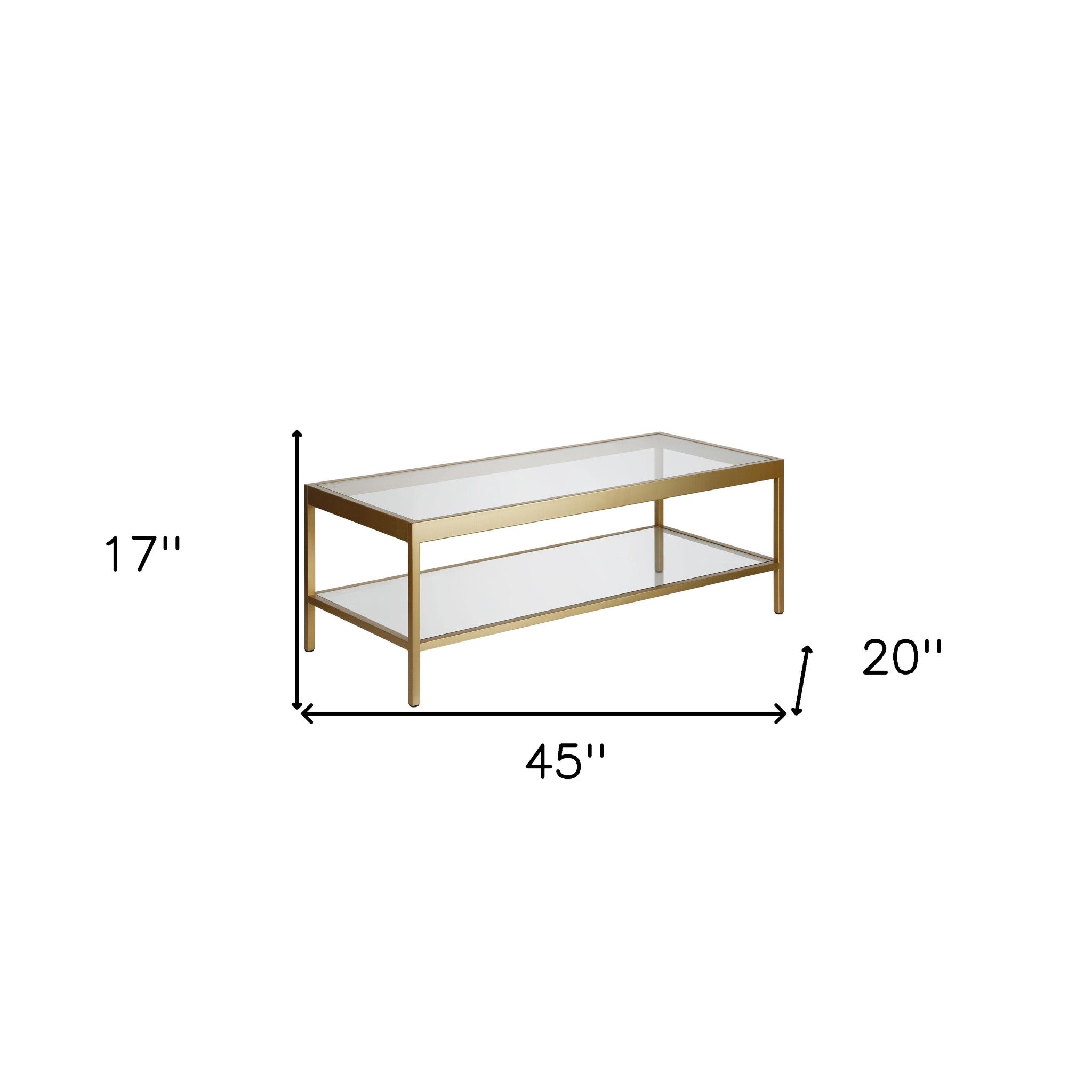 45" Clear Glass And Gold Steel Coffee Table With Shelf