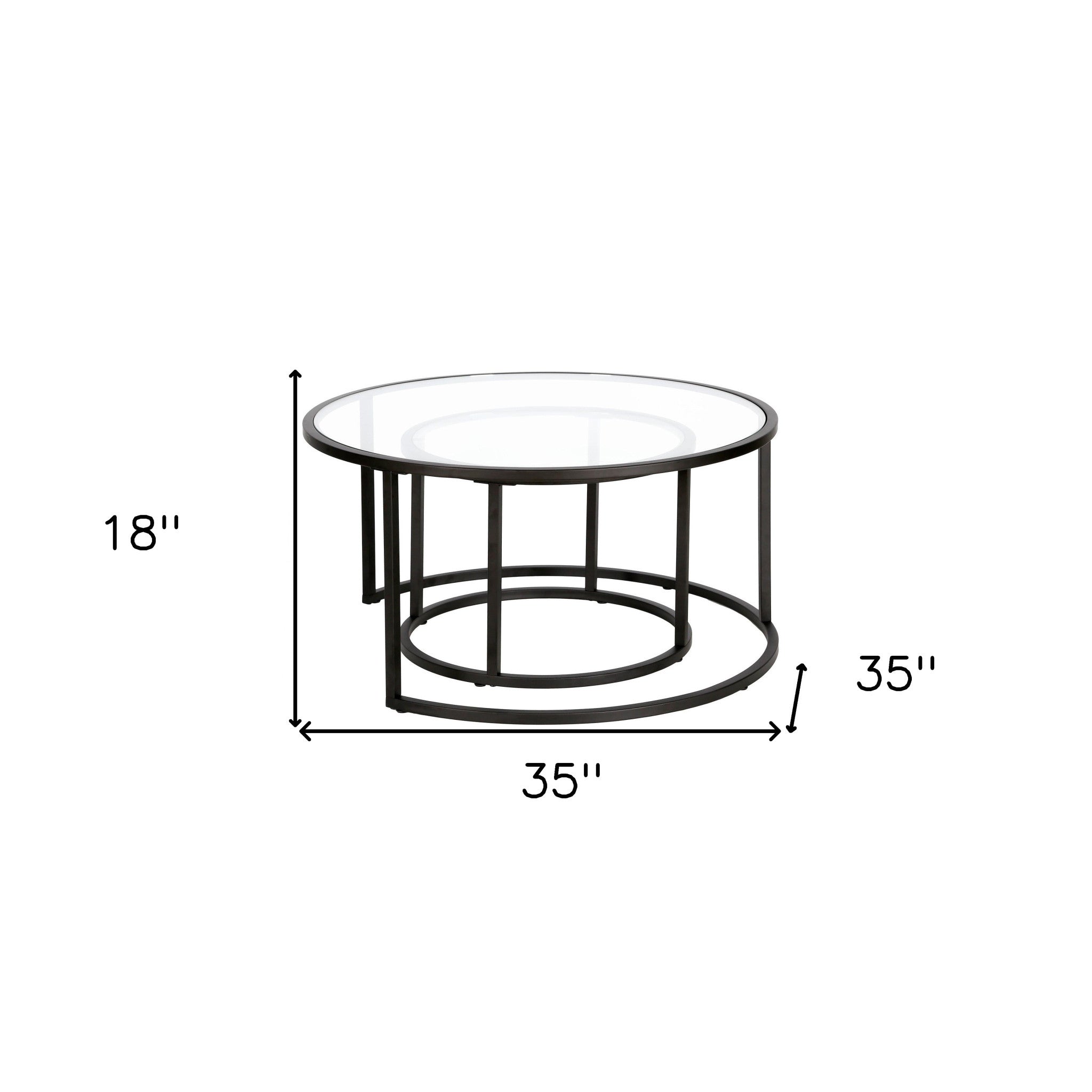 Set of Two Black Glass And Steel Round Frame Nested Coffee Tables