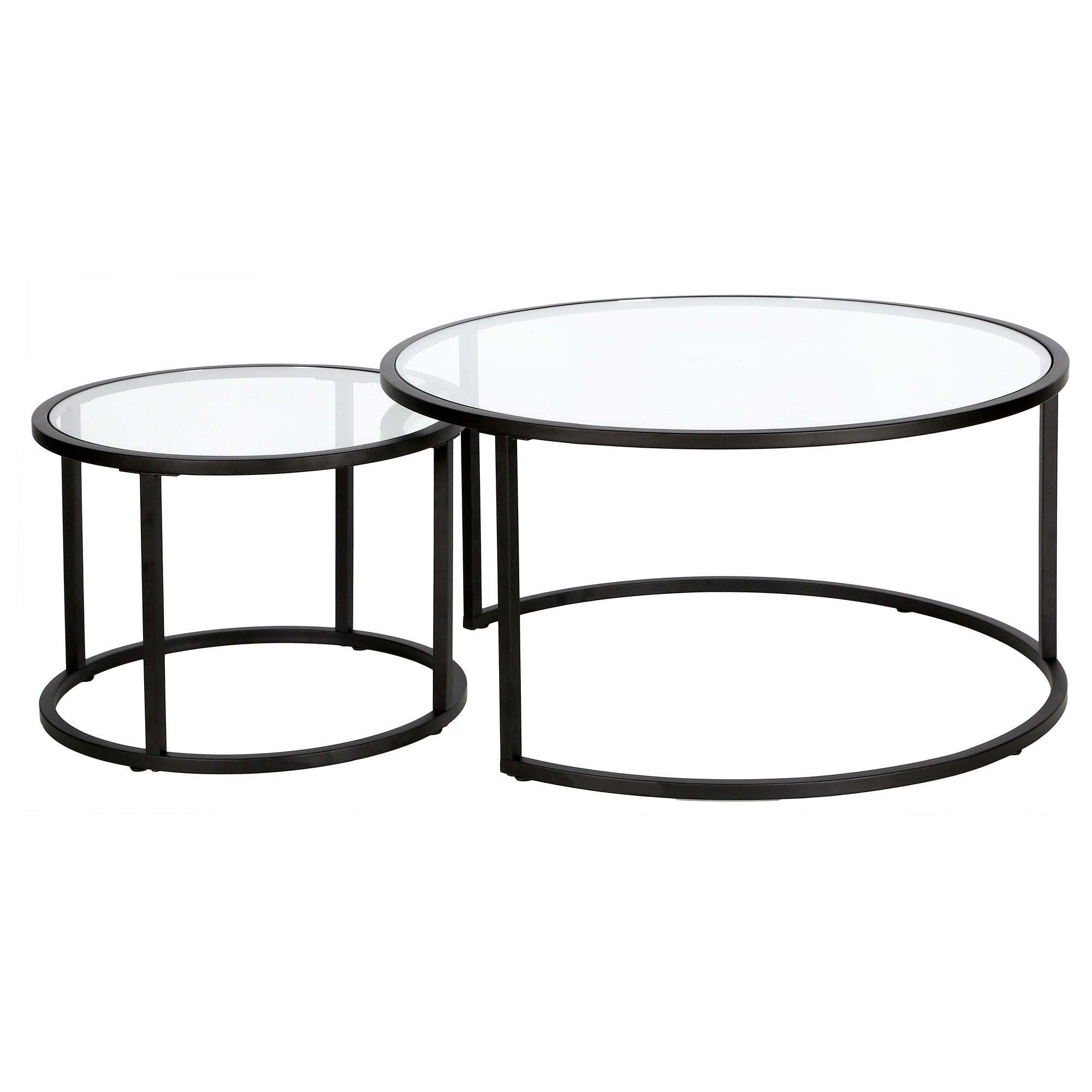 Set of Two Black Glass And Steel Round Frame Nested Coffee Tables