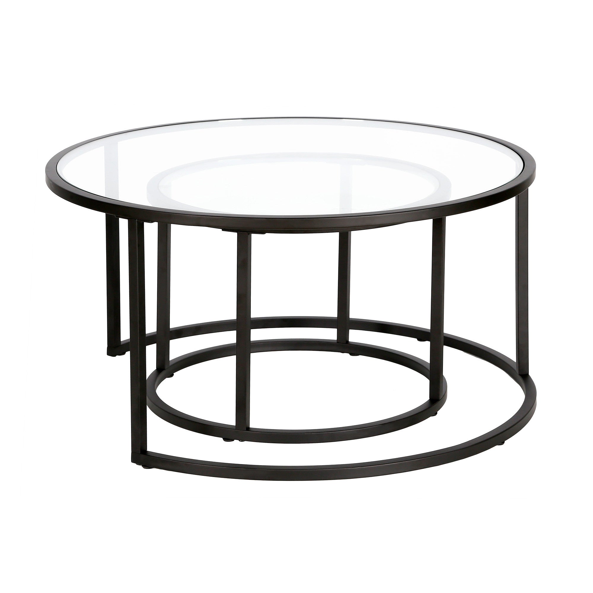 Set of Two Black Glass And Steel Round Frame Nested Coffee Tables