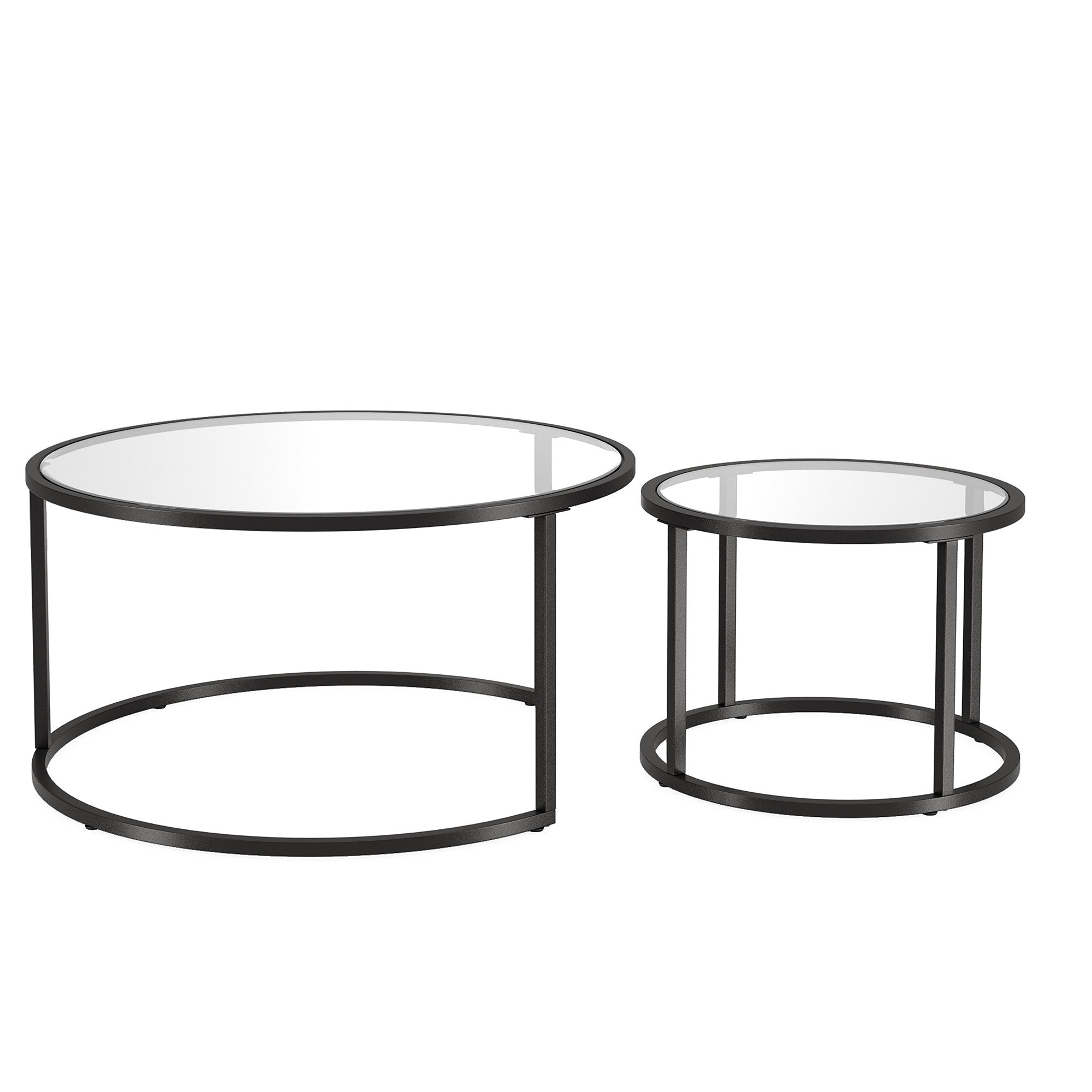 Set of Two Black Glass And Steel Round Frame Nested Coffee Tables