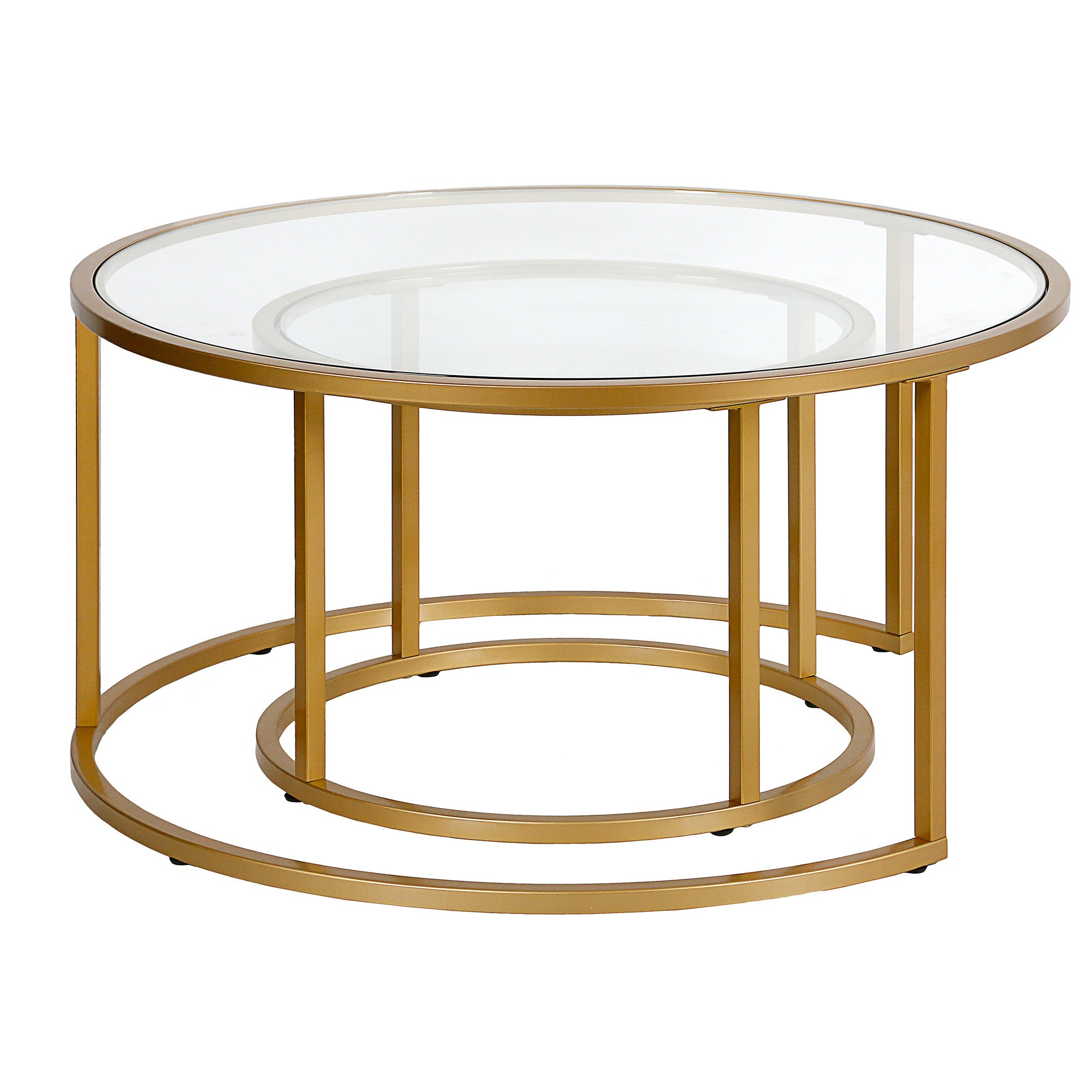 Set of Two 35" Gold Glass And Steel Round Nested Coffee Tables