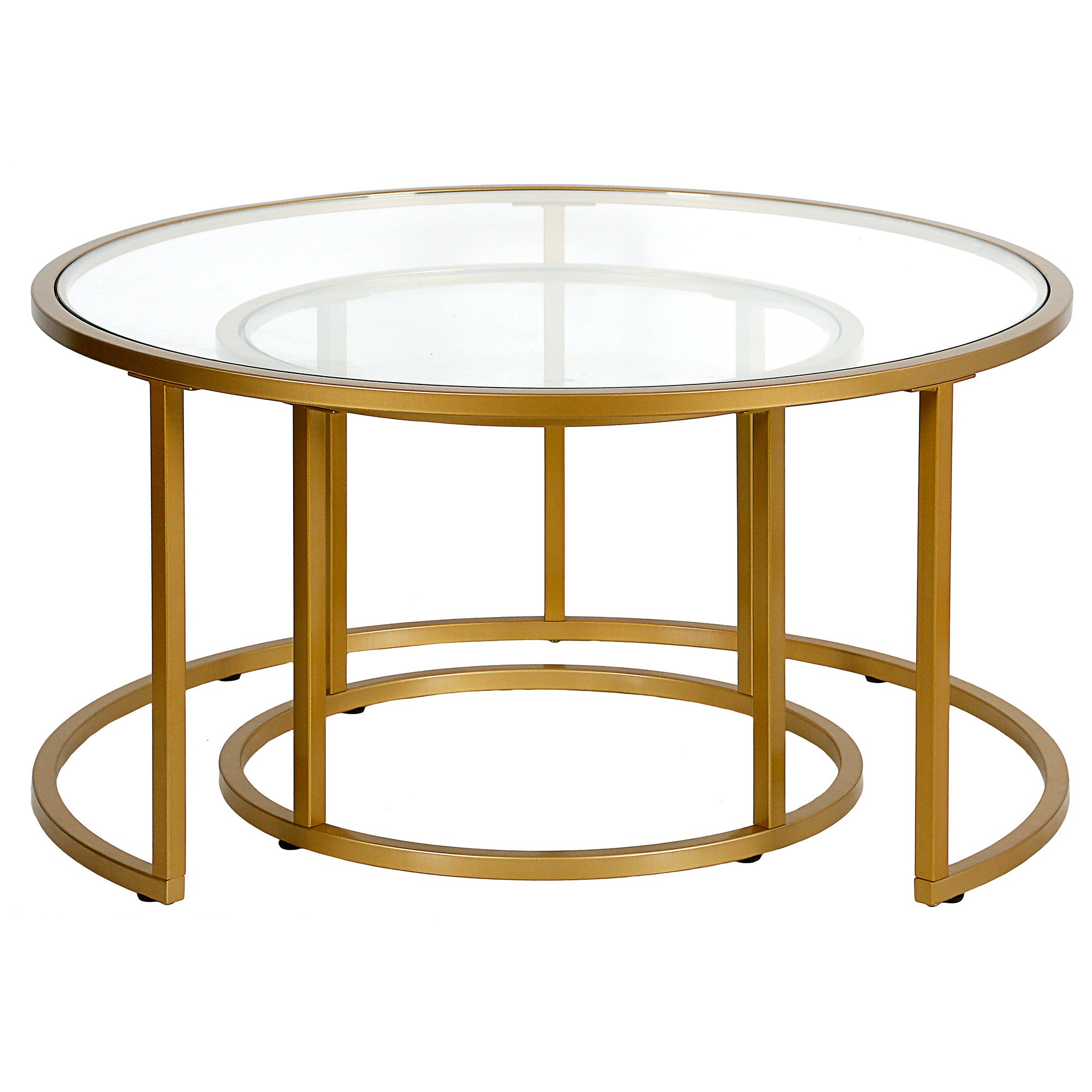 Set of Two 35" Gold Glass And Steel Round Nested Coffee Tables