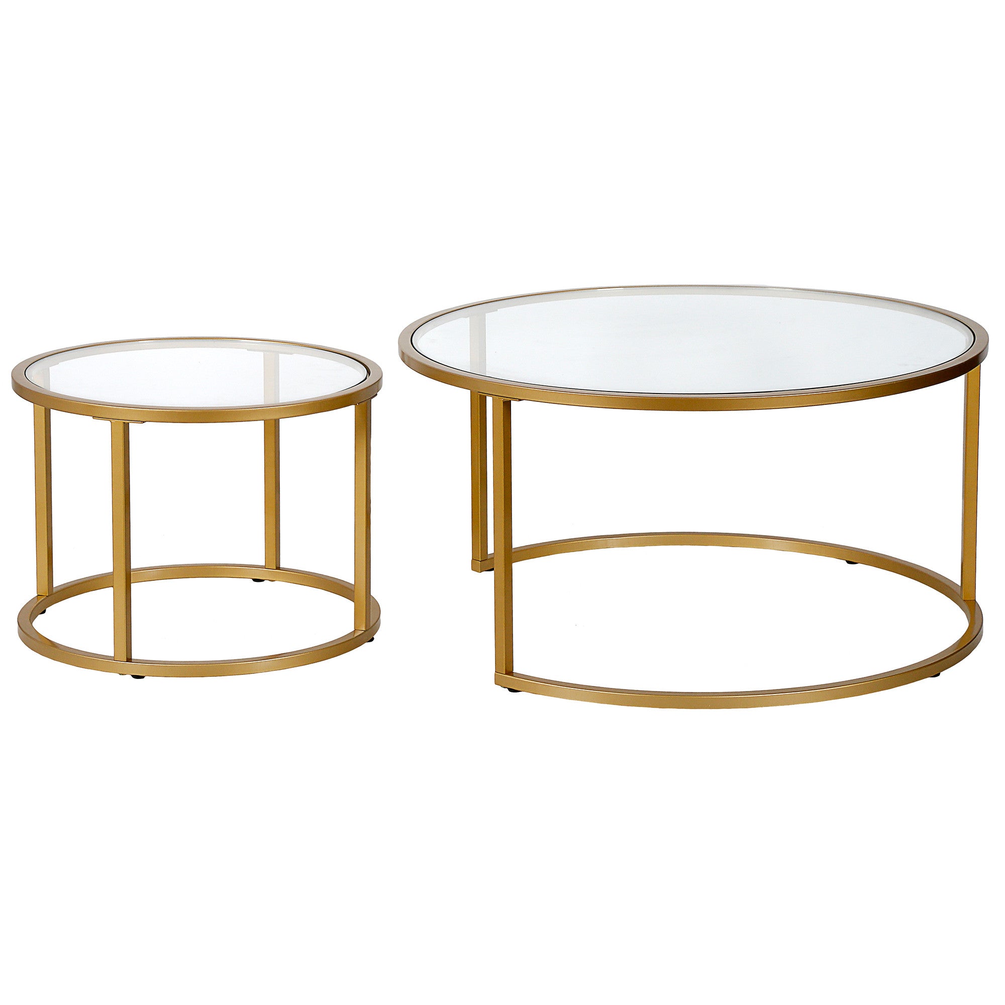 Set of Two 35" Gold Glass And Steel Round Nested Coffee Tables