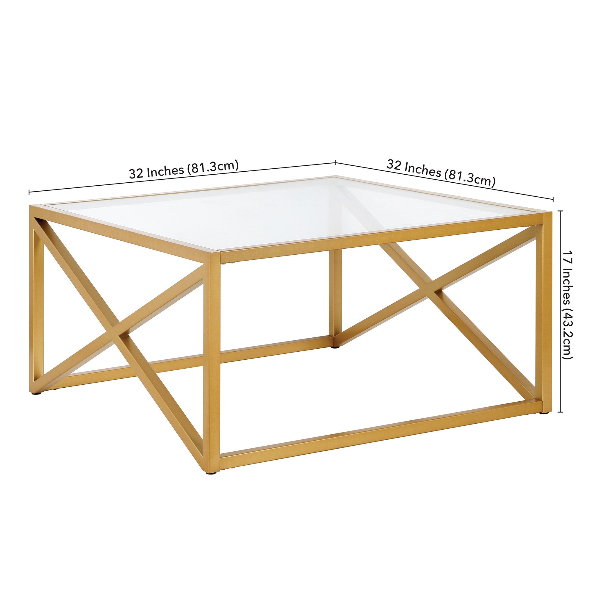 32" Gold Glass And Steel Square Coffee Table