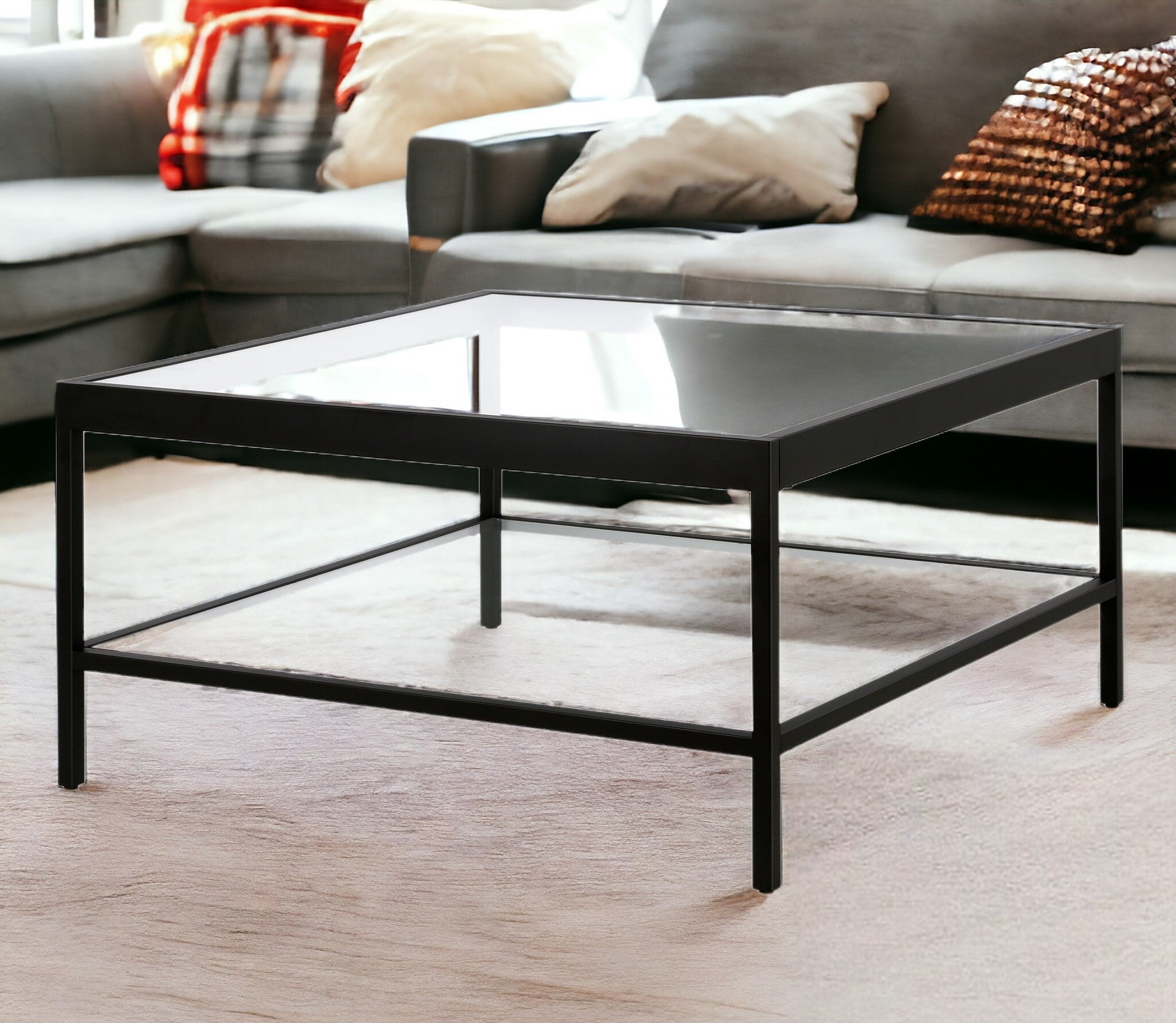 32" Clear And Black Glass And Steel Square Coffee Table With Shelf