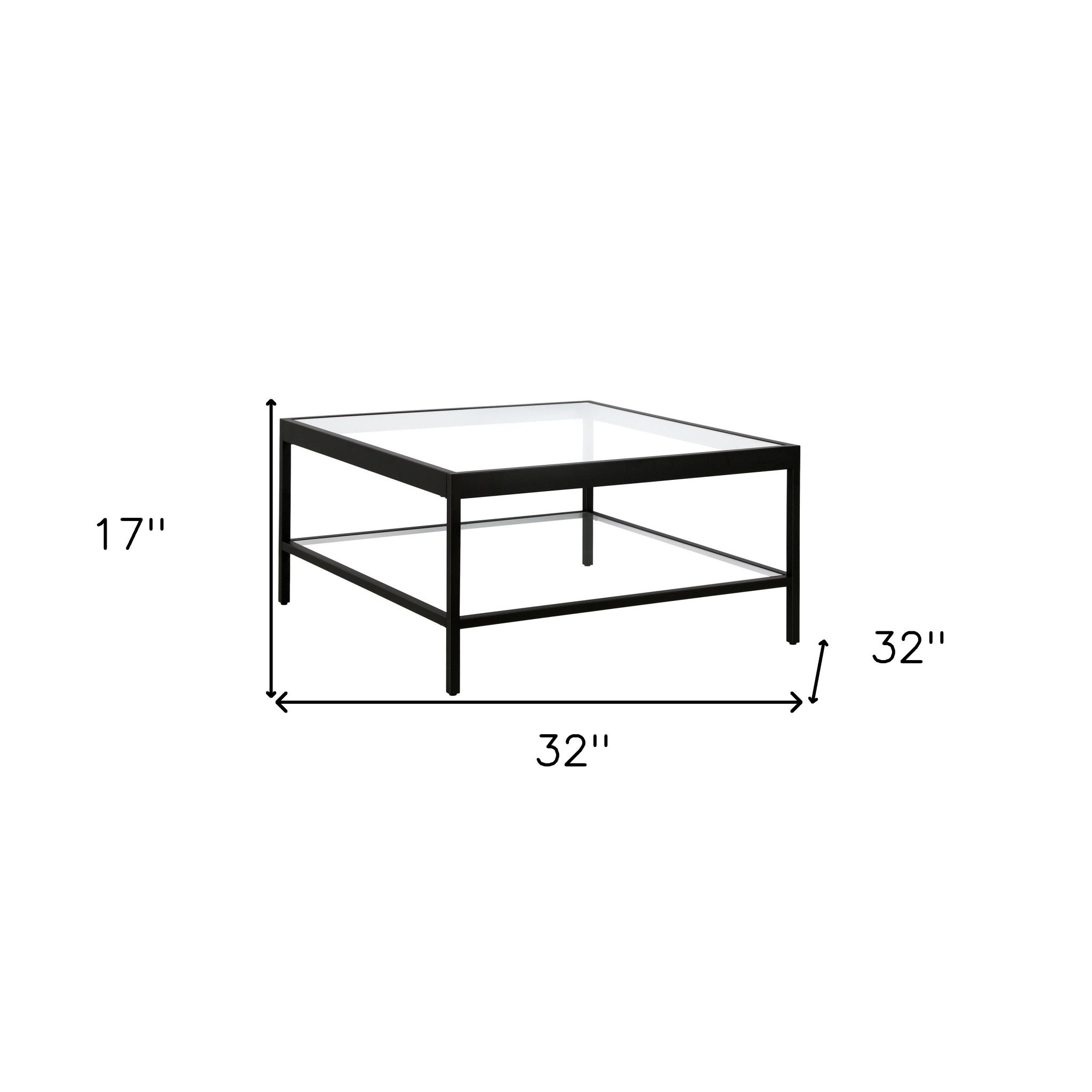 32" Clear And Black Glass And Steel Square Coffee Table With Shelf