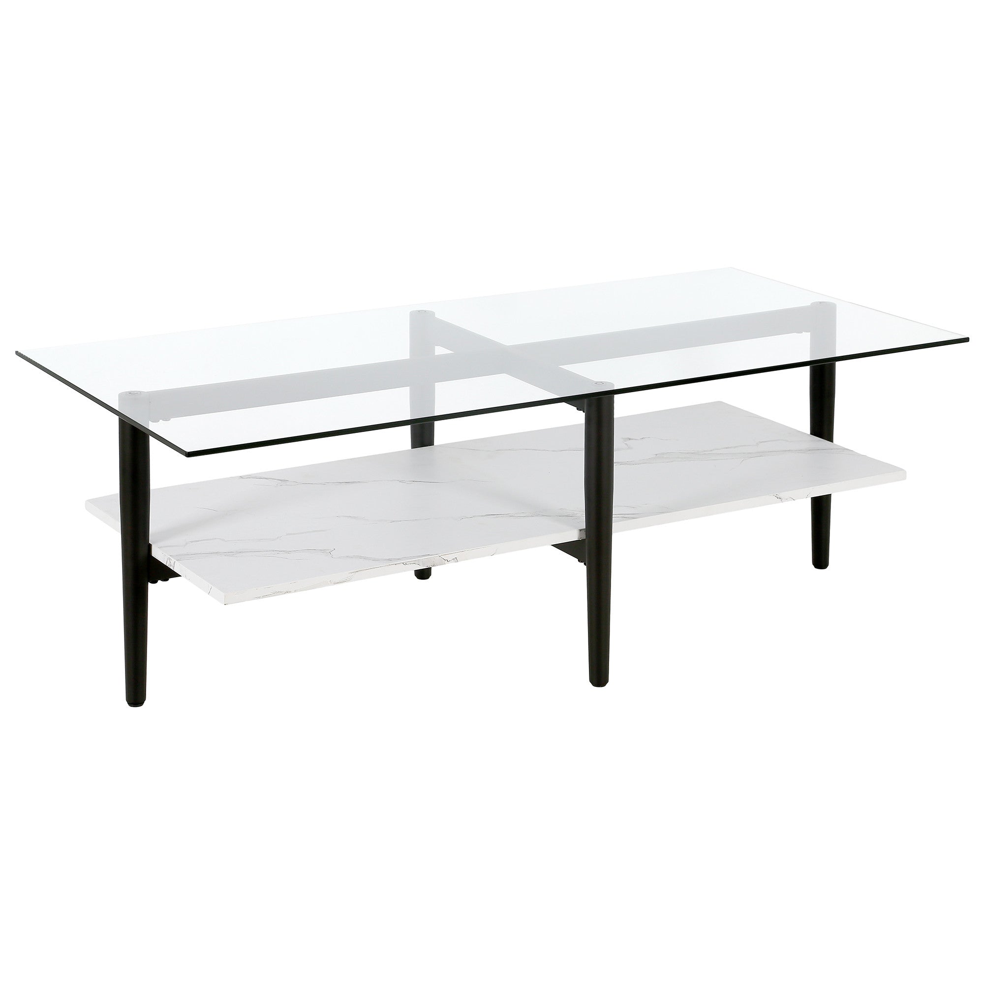 47" Black Glass And Steel Coffee Table With Shelf