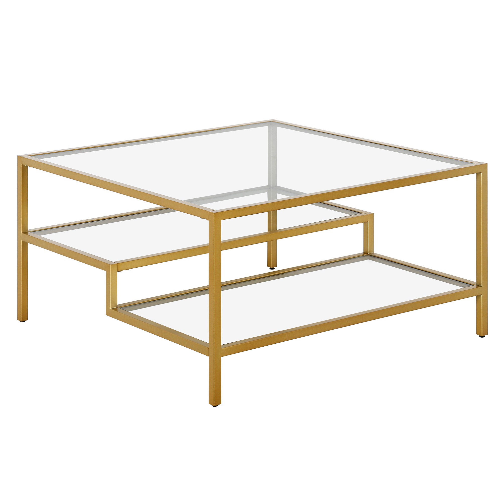 32" Gold Glass And Steel Square Coffee Table With Two Shelves