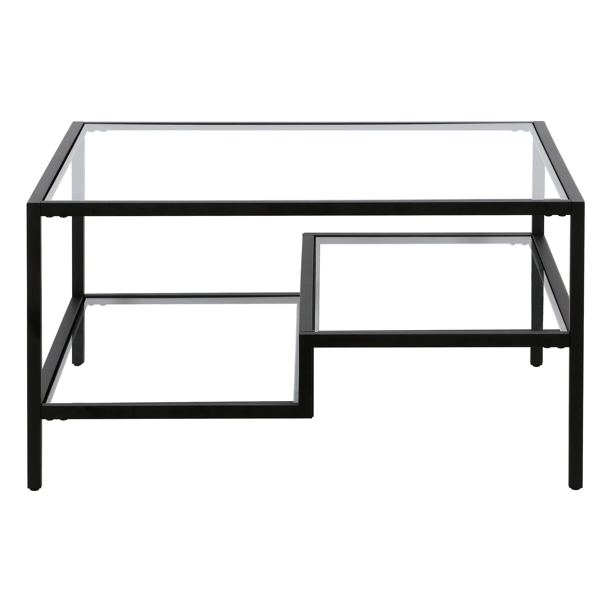 32" Black Glass And Steel Square Coffee Table With Two Shelves