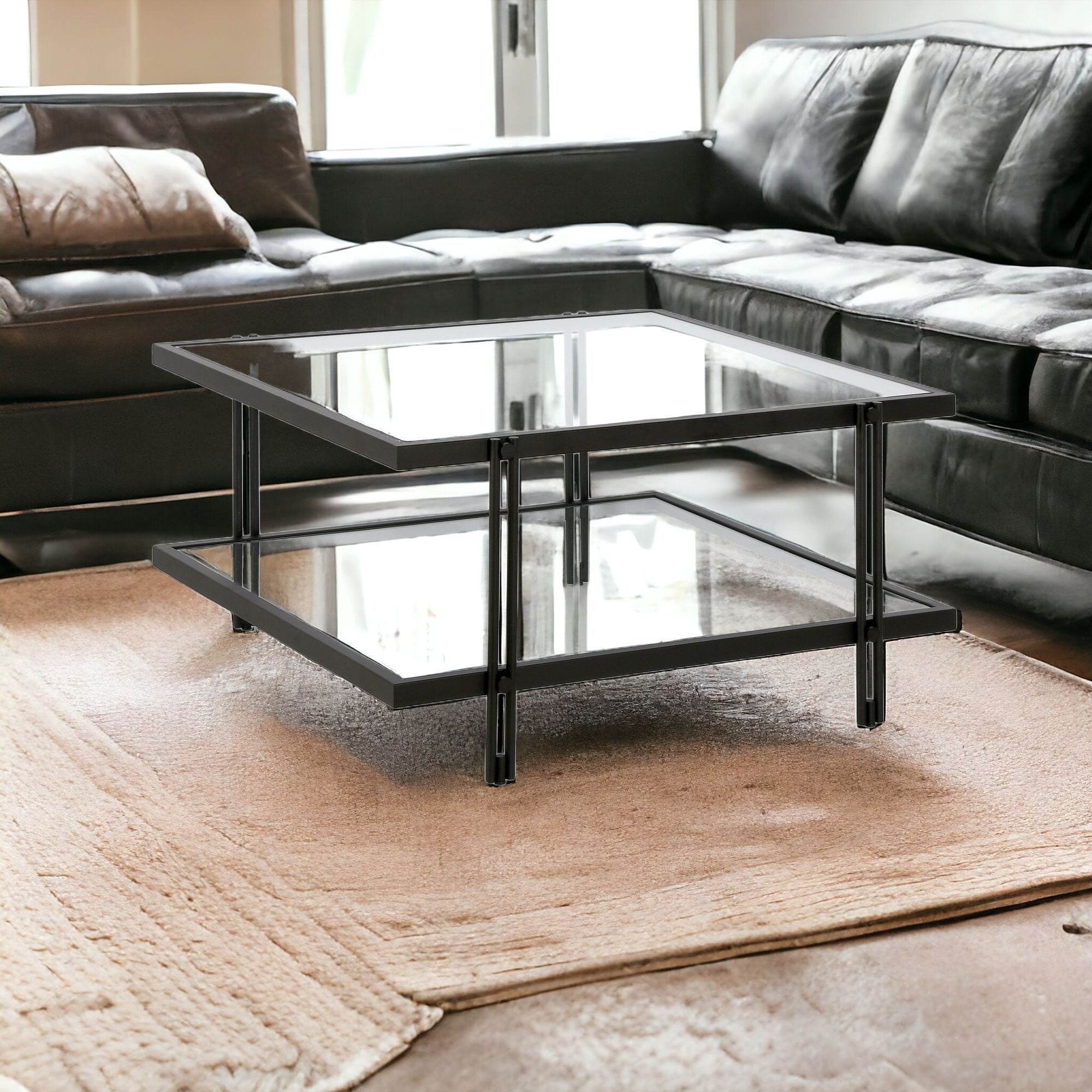 32" Clear And Black Glass And Steel Square Coffee Table With Shelf