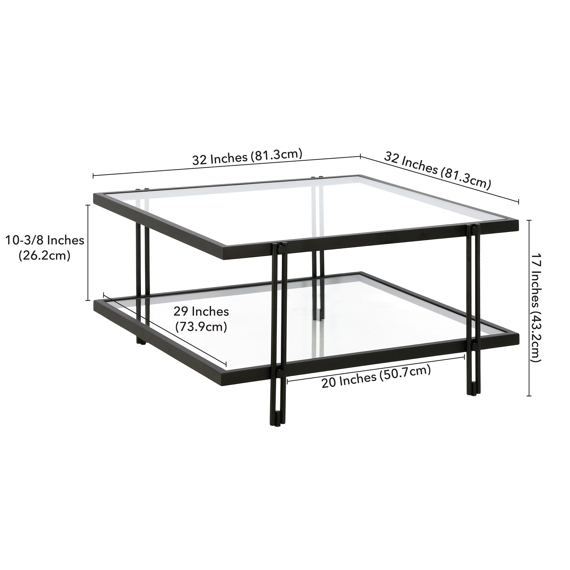 32" Clear And Black Glass And Steel Square Coffee Table With Shelf