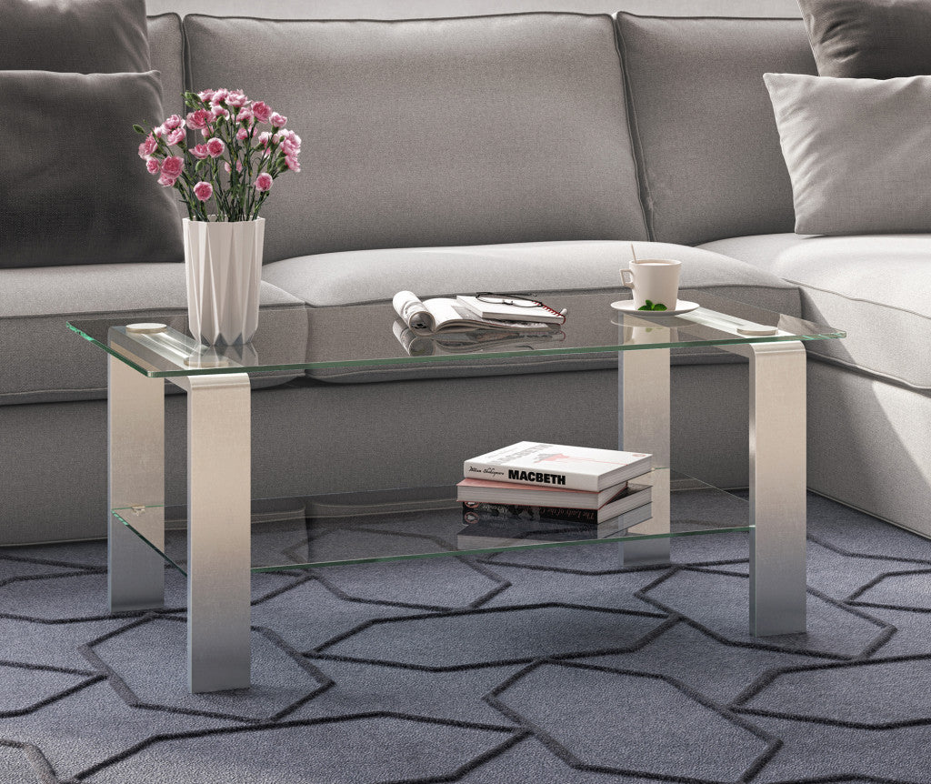 40" Silver Glass And Steel Coffee Table With Shelf