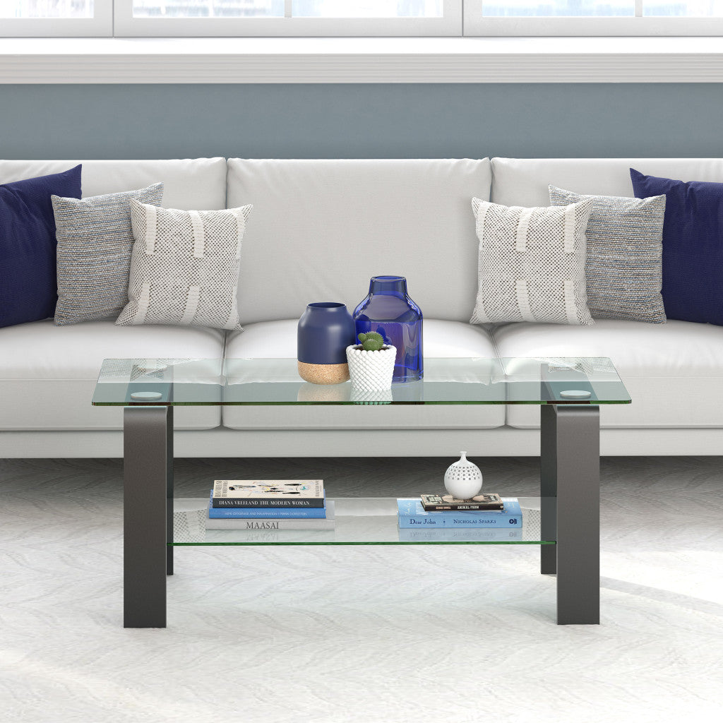 40" Gray Glass And Steel Coffee Table With Shelf