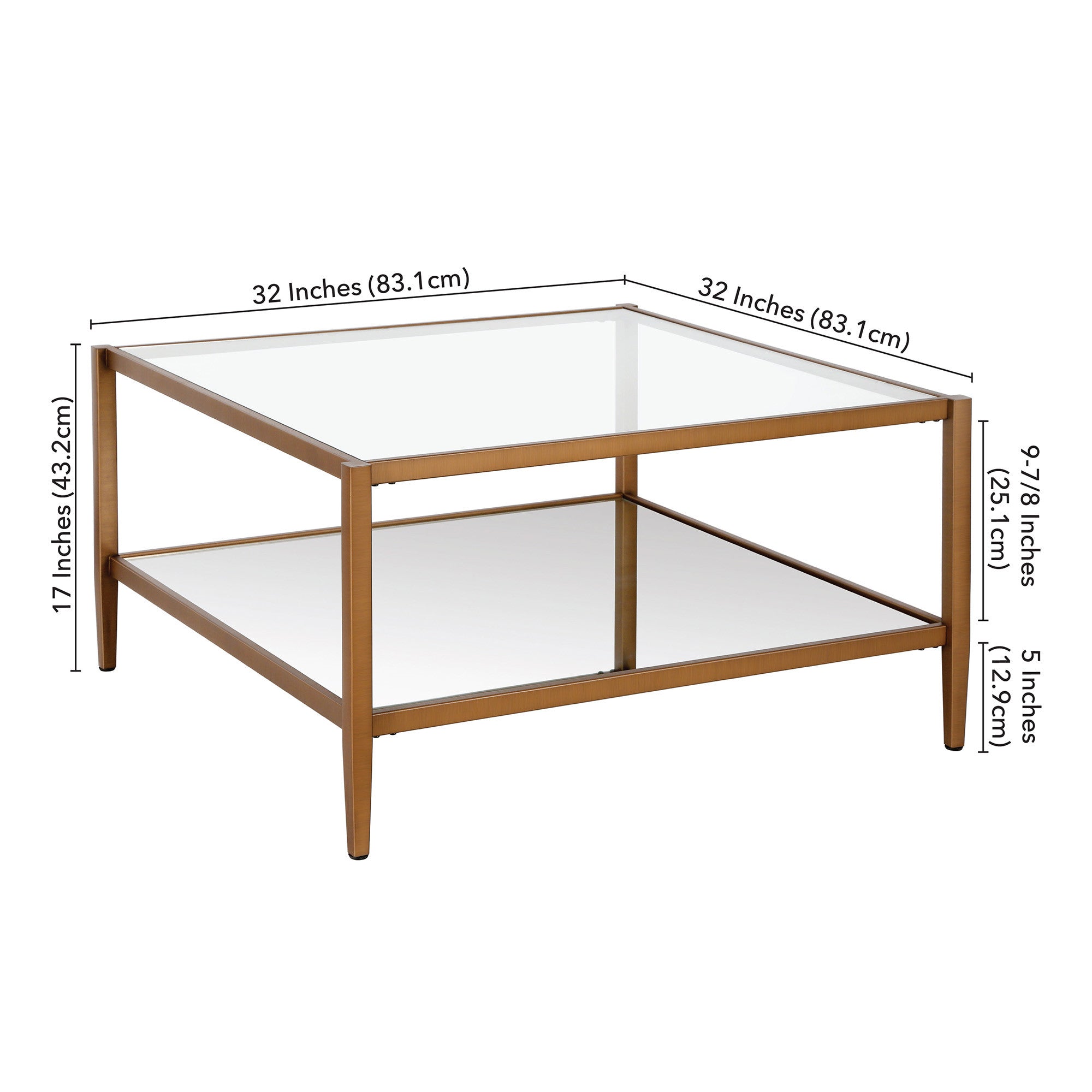 32" Gold Glass And Steel Square Coffee Table With Shelf